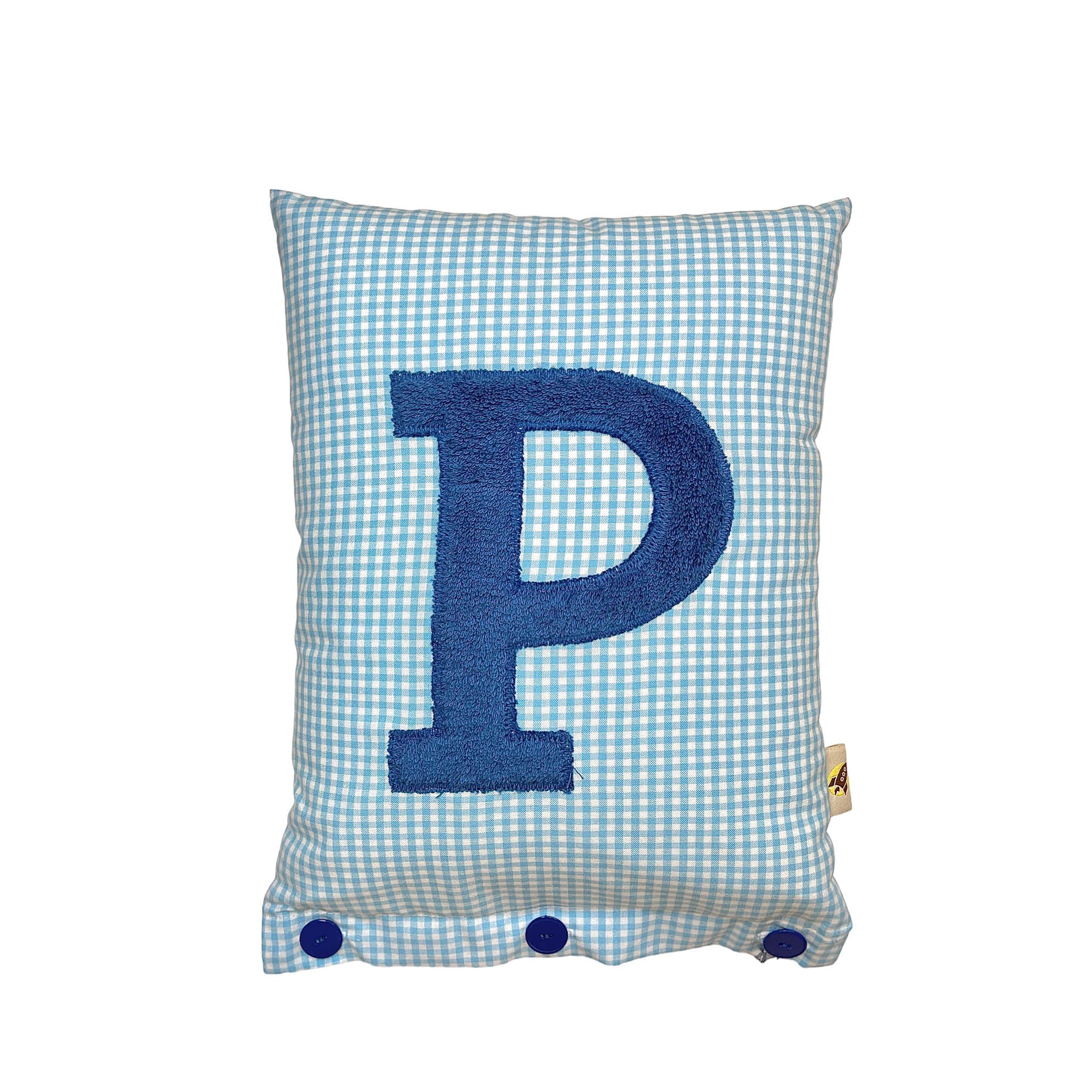 Letter Cushion P, Prussian Blue on light Turquoise Gingham