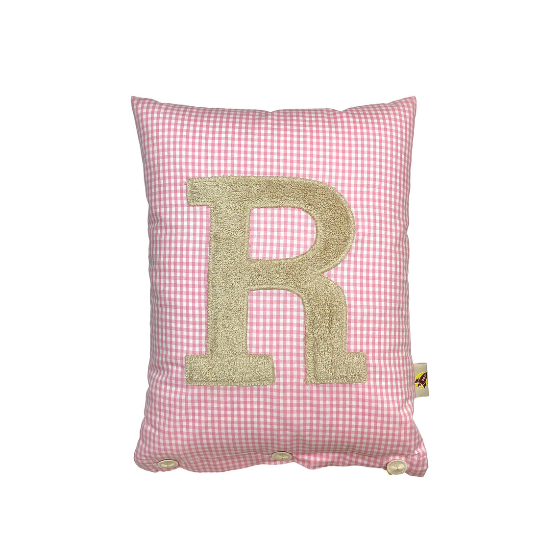 Letter Cushion R, Beige on Rose Gingham