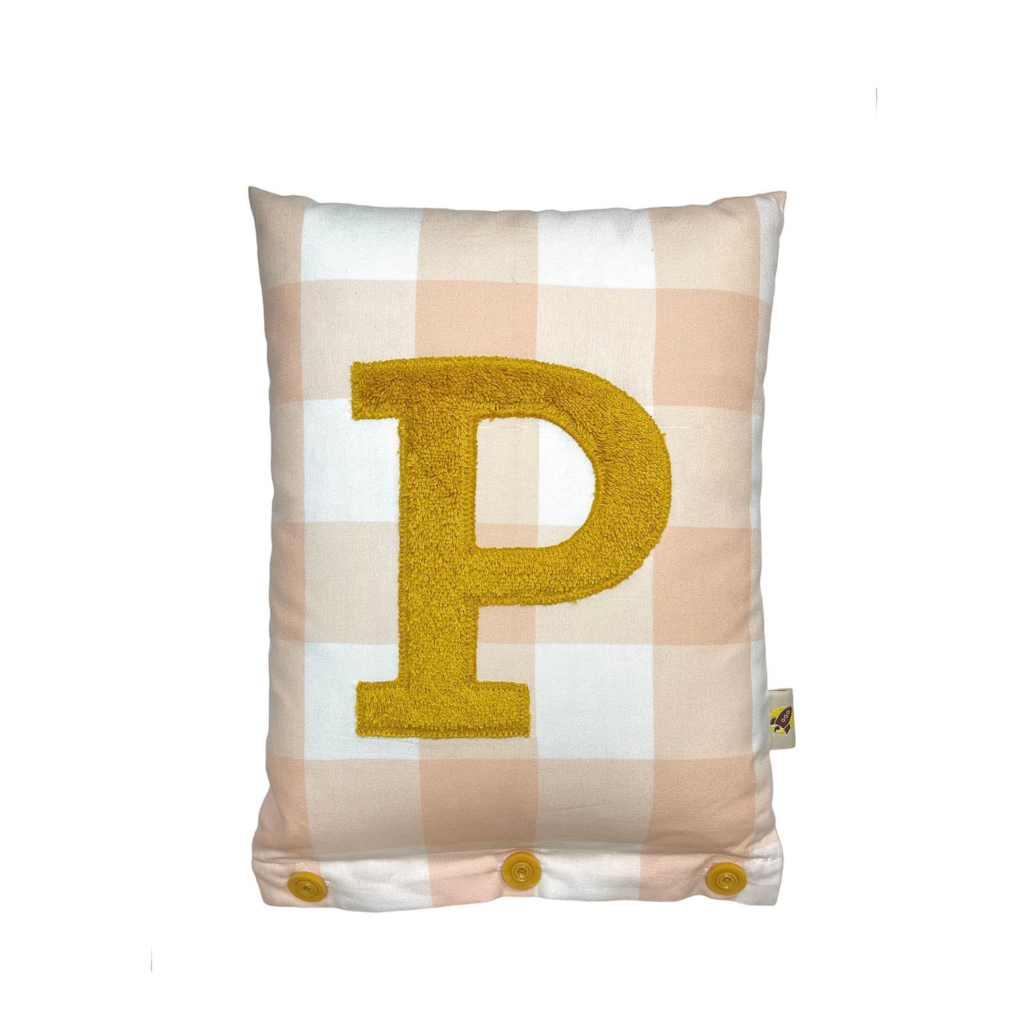 Letter Cushion P, Turmeric on Nude Gingham