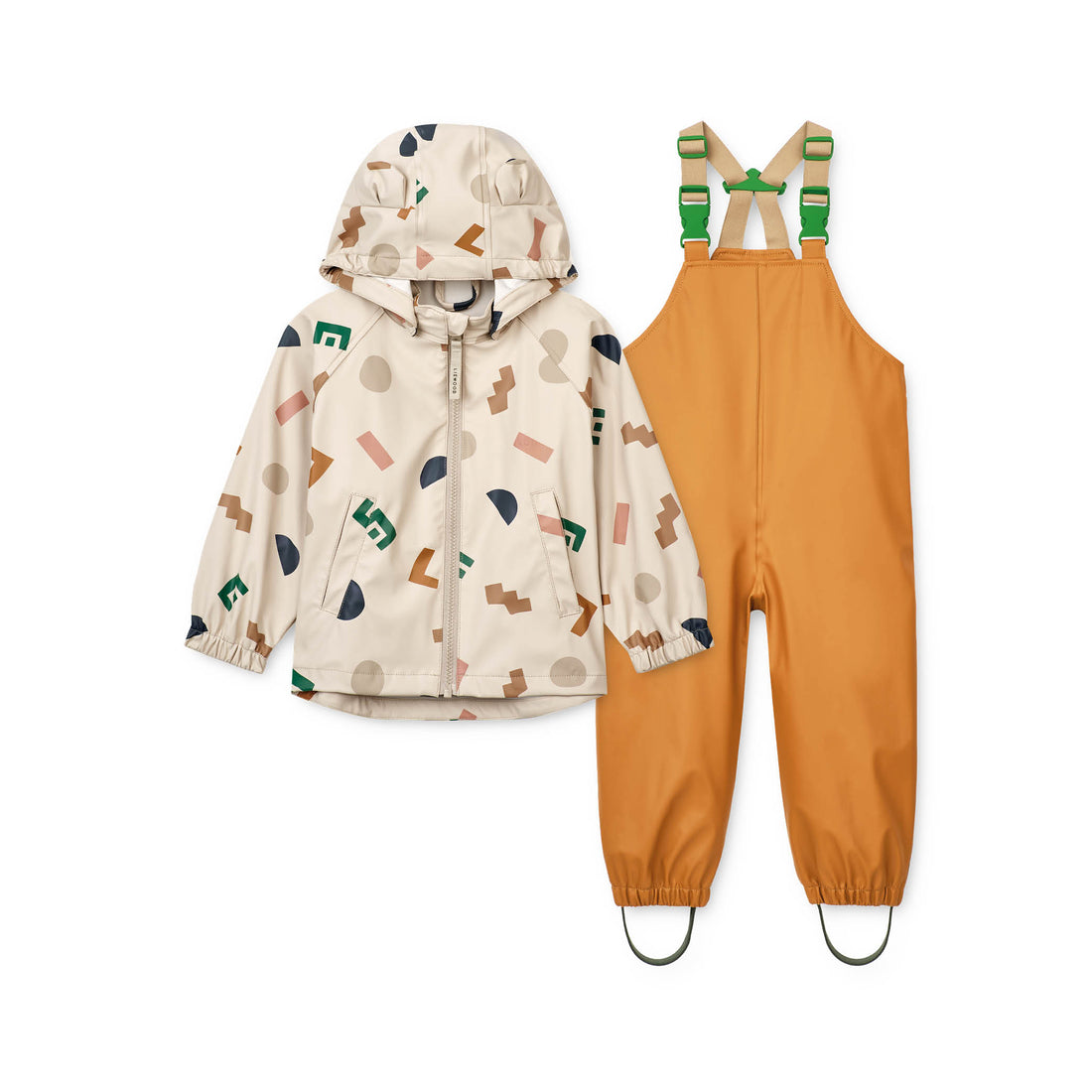 Regenjacke und -hose Melodi in graphic alphabet/sandy