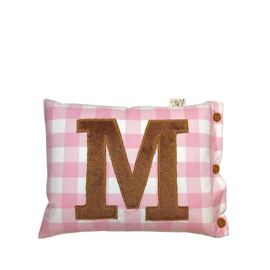 Letter Cushion M, Light Brown on Rose Gingham