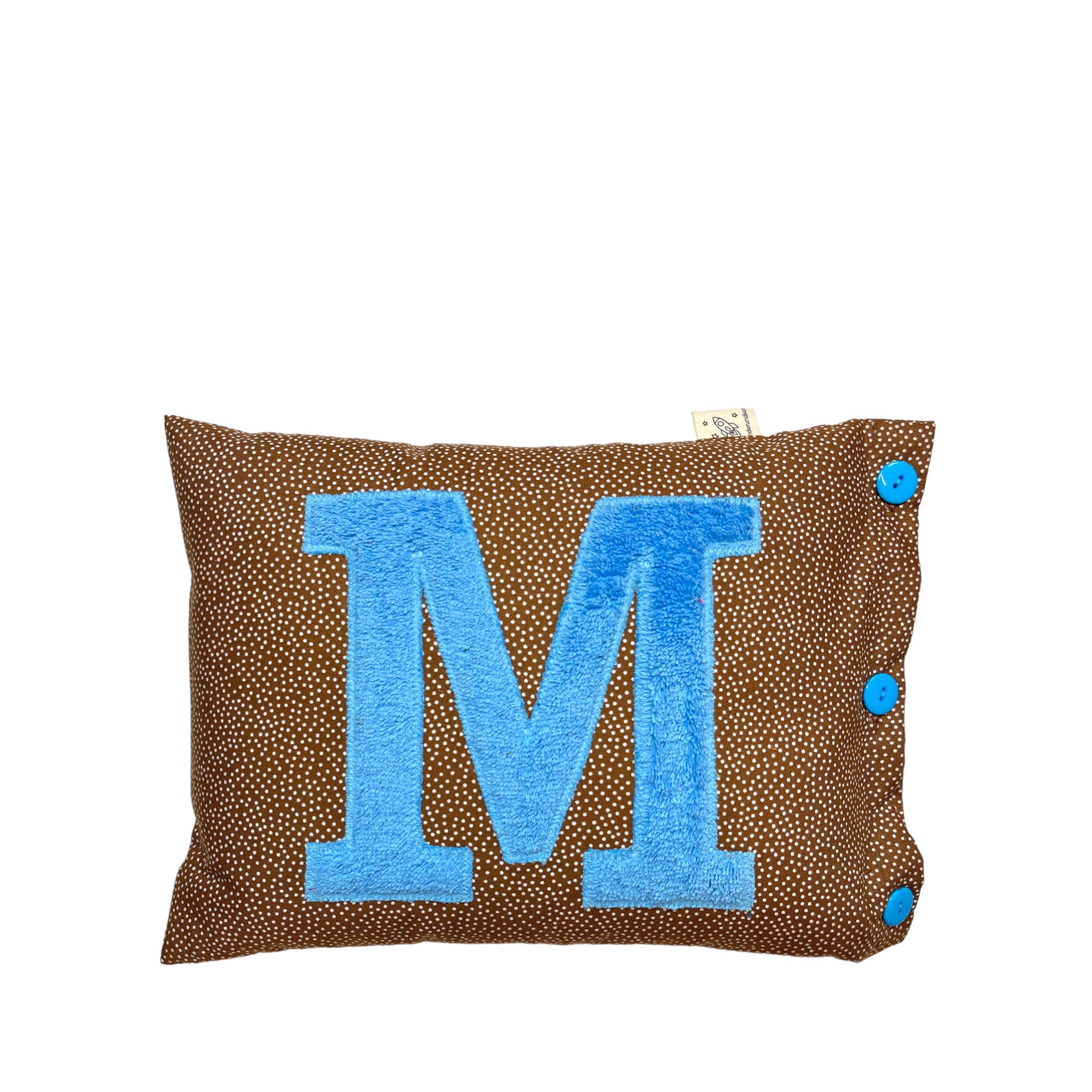 Letter Cushion M, Blue on Brown with white Dots