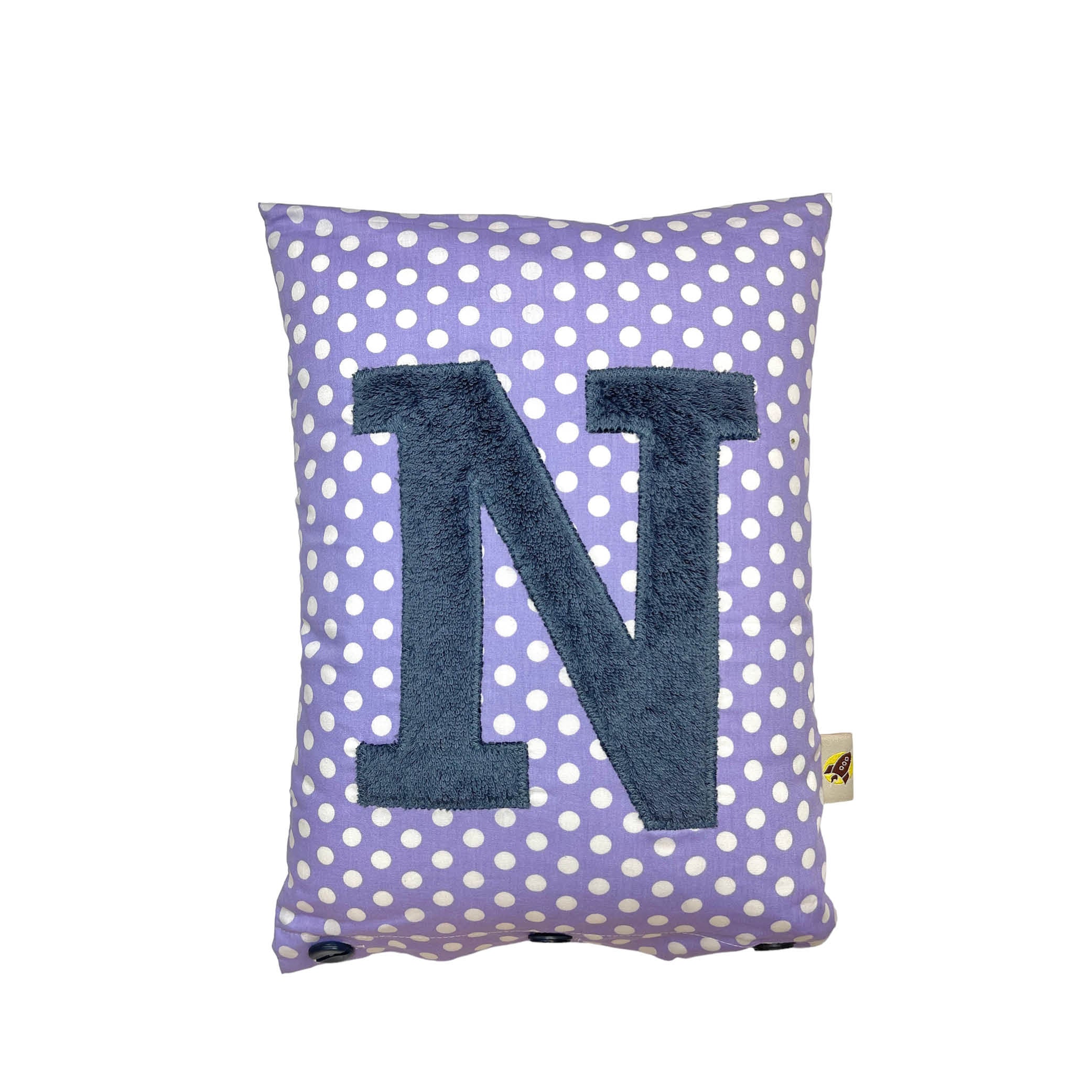 Letter Cushion N, Blue Grey on Lilac with white Dots