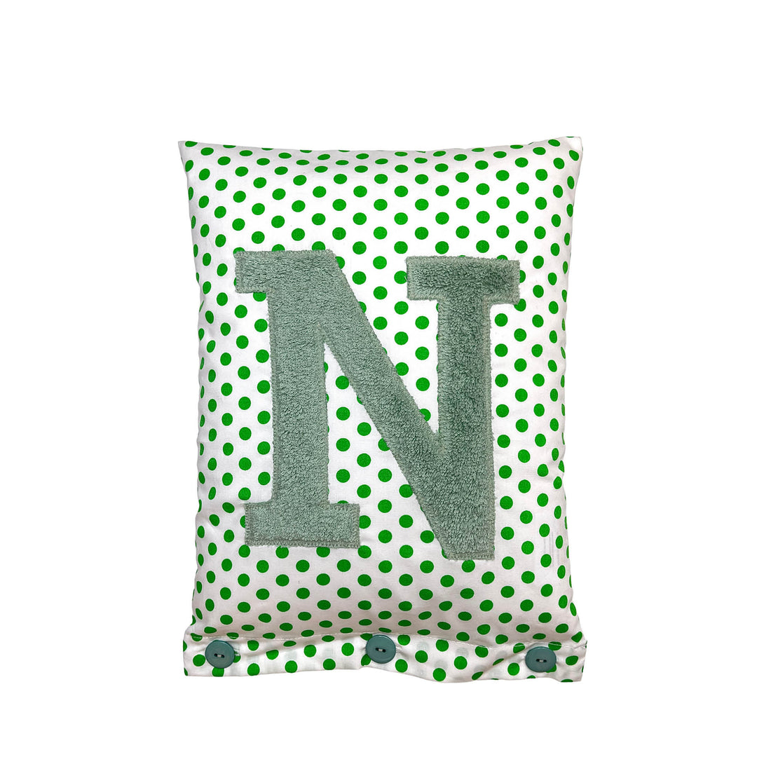 Letter Cushion N, Sage on White with green Dots