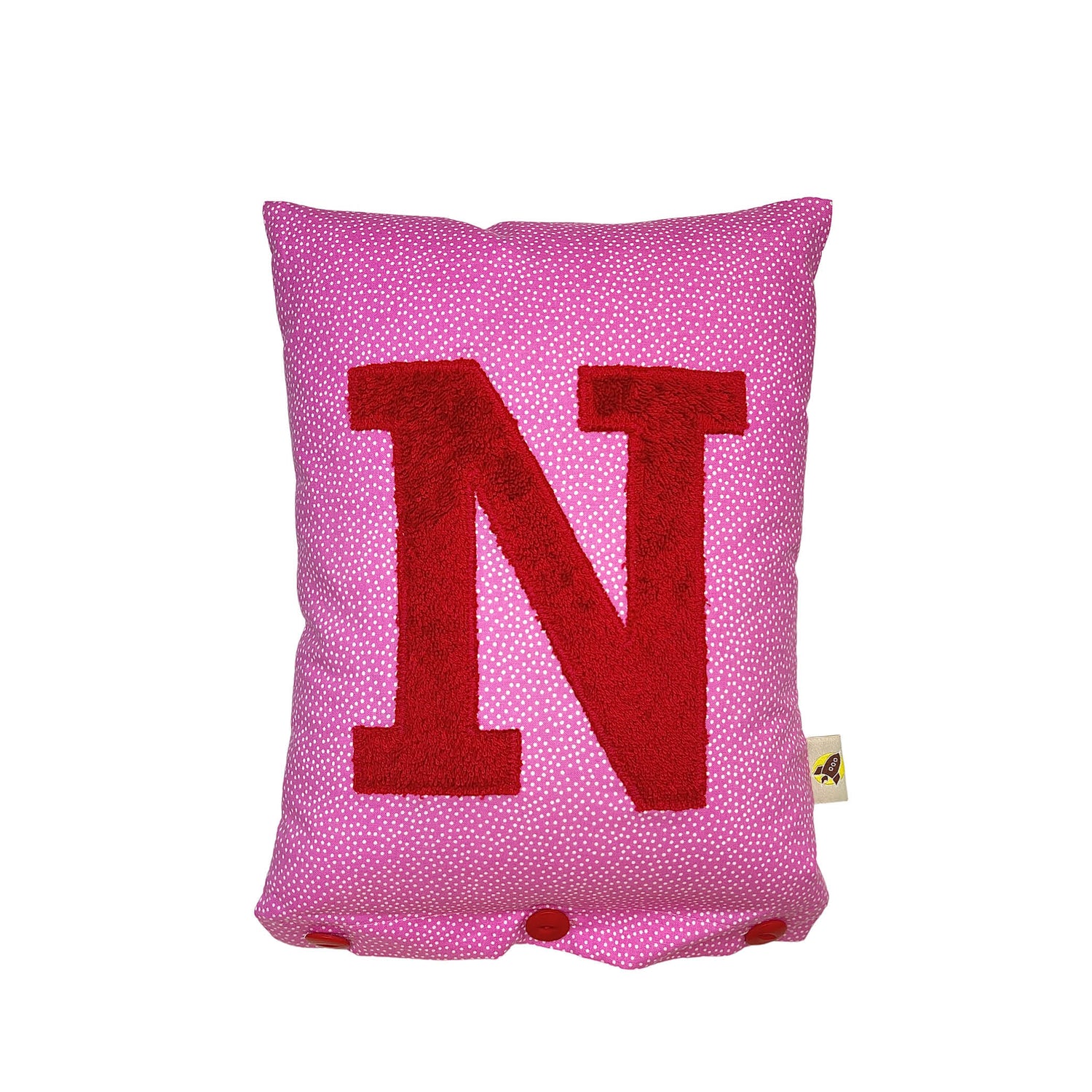 Letter Cushion N, Red on Pink with white Dots