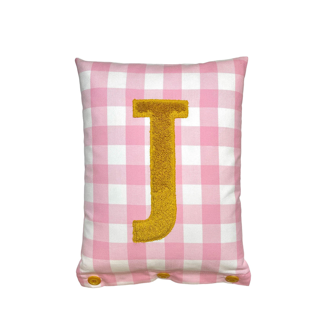 Coussin Lettre J, Curcuma sur Carreaux Vichy Roses