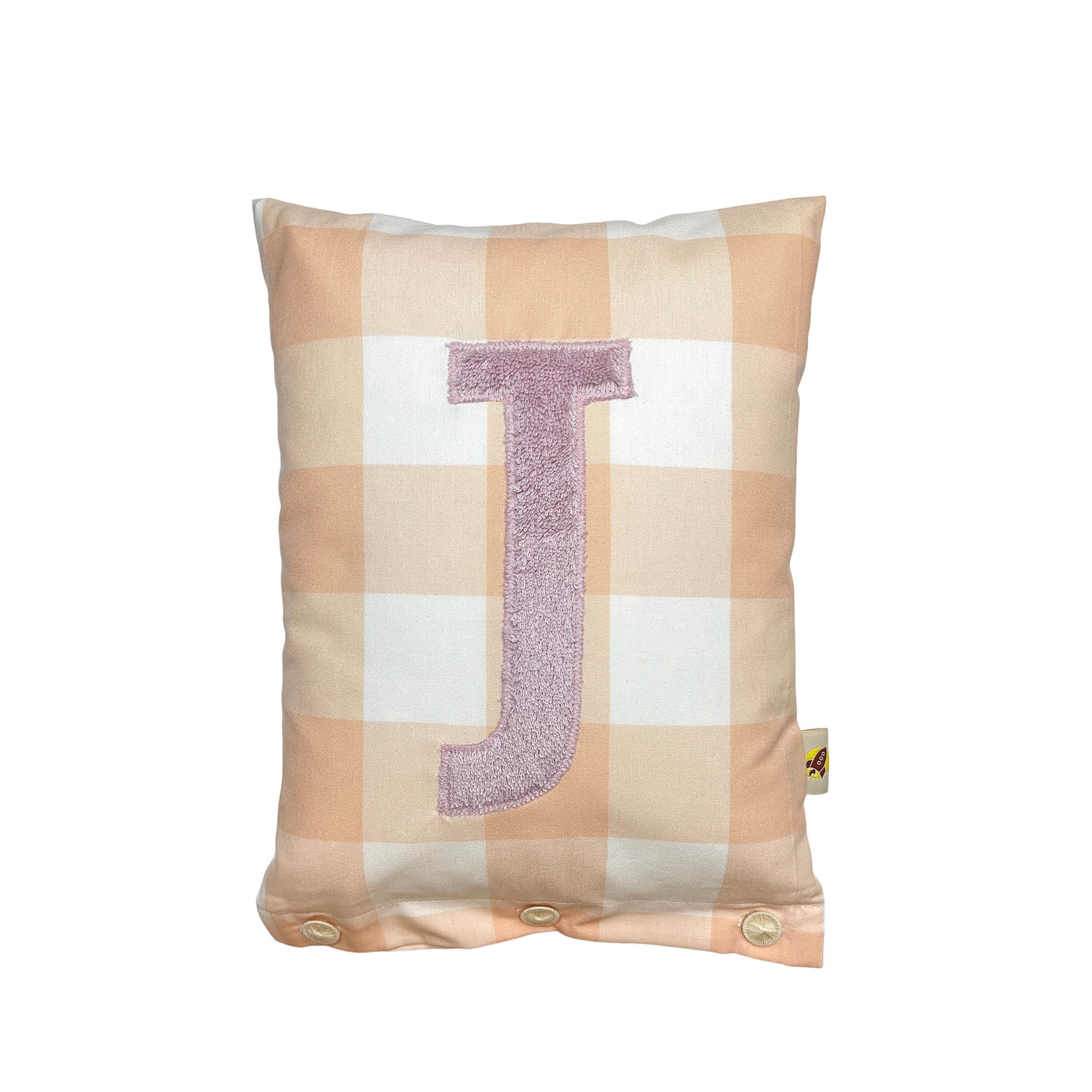 Letter Cushion J, Dusty Lilac on Nude Gingham