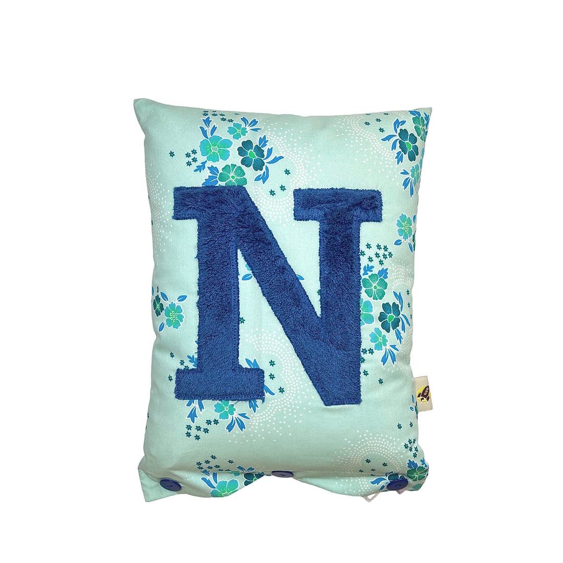 Letter Cushion N, Prussian Blue on Turquoise with blue Flowers