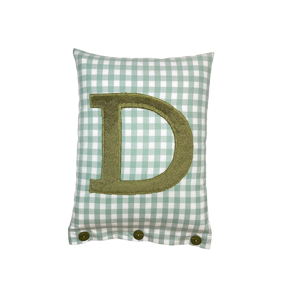 Letter Cushion D, Olive on a strong Sage Gingham