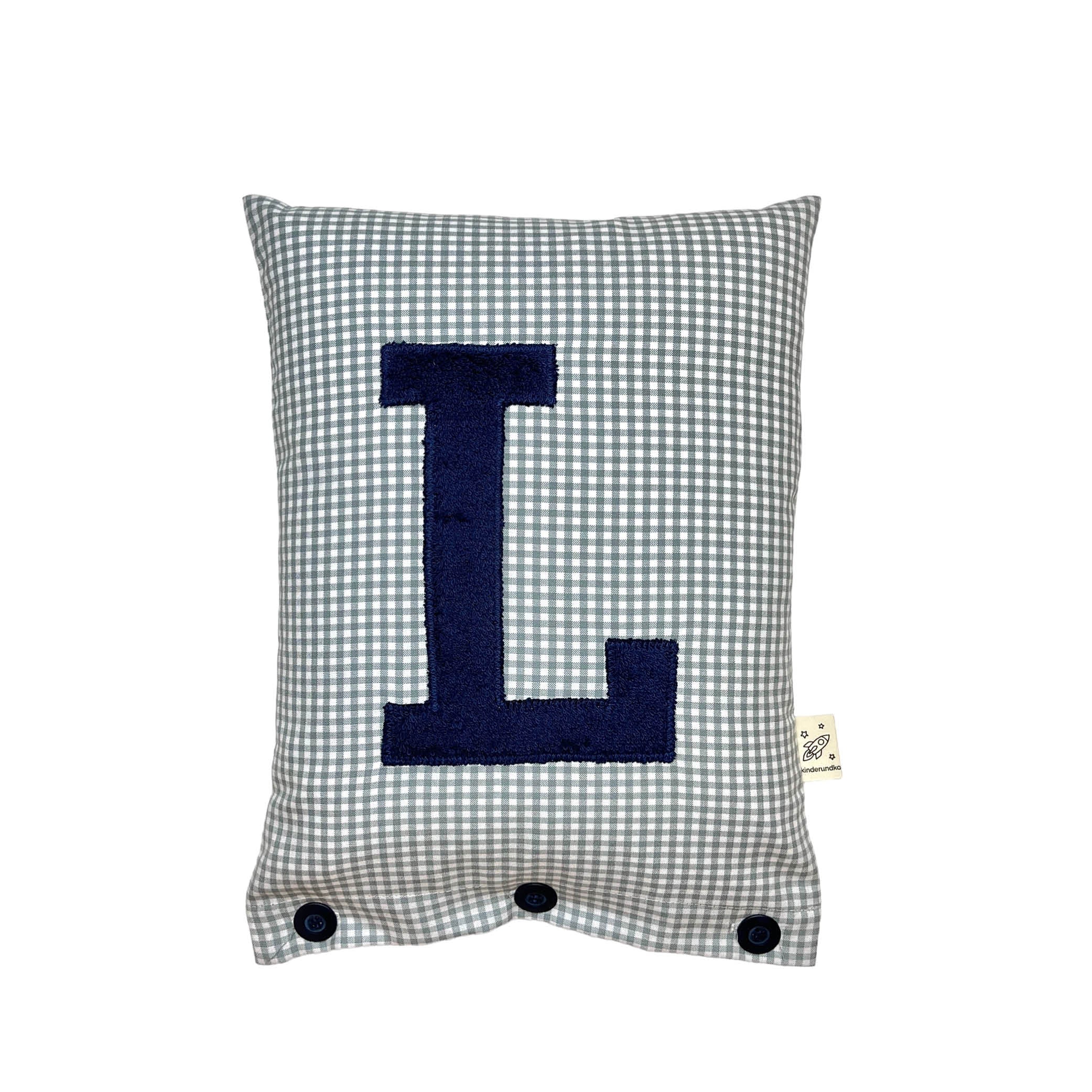 Letter Cushion L, Navy Blue on Light Gray Gingham