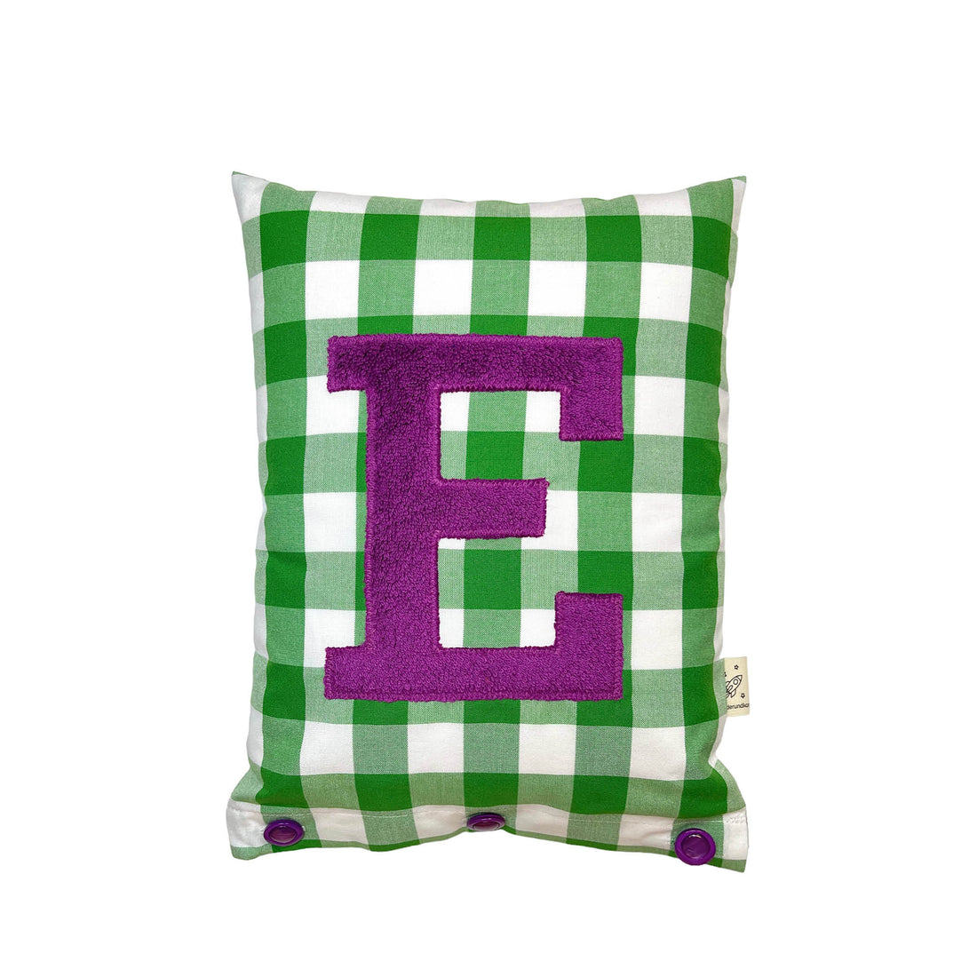 Letter Cushion E, Jacaranda-Purple on Green Gingham