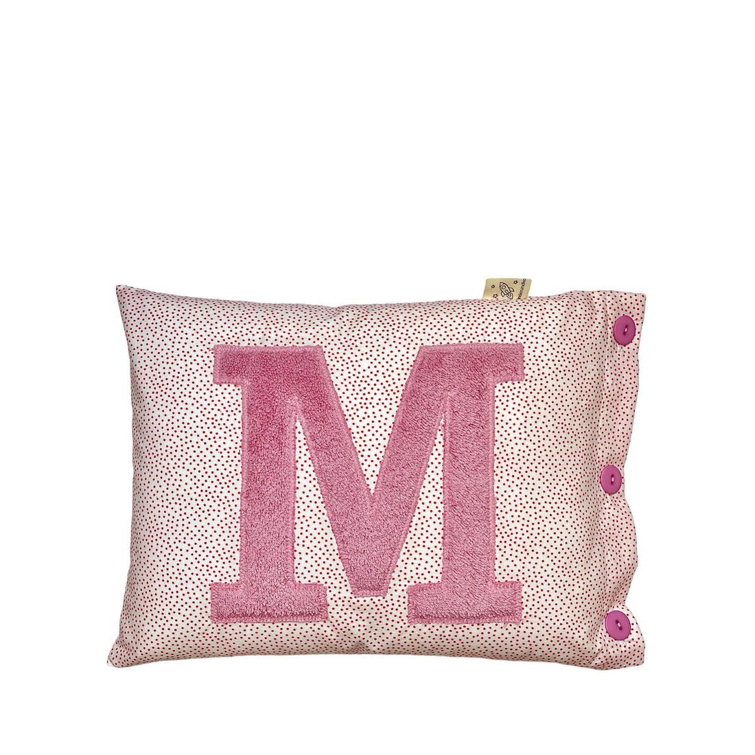 Letter Cushion M, Old Rose on White with red Dots