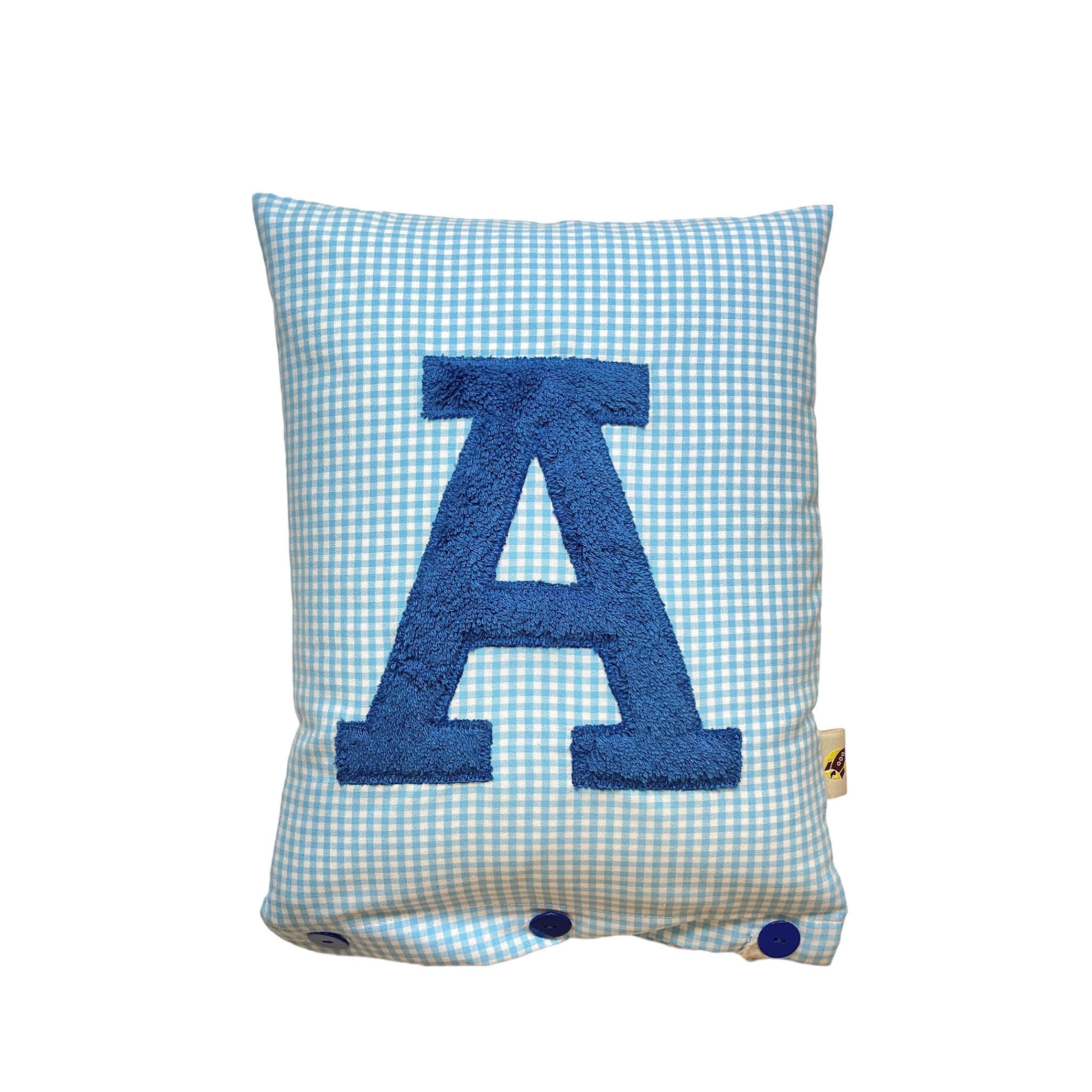 Letter Cushion A, Prussian Blue on Turquoise Gingham