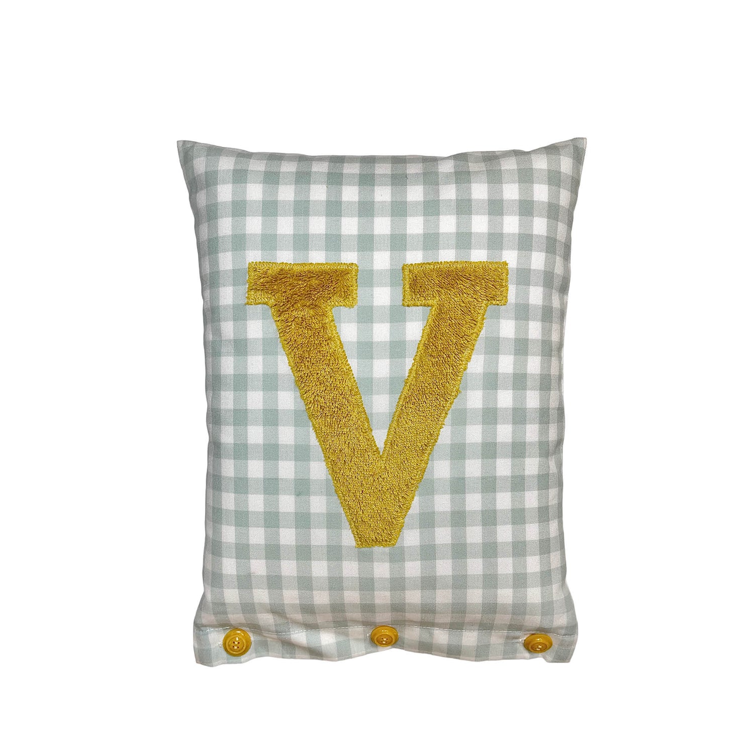 Letter Cushion V, Mustard on pale Sage Gingham