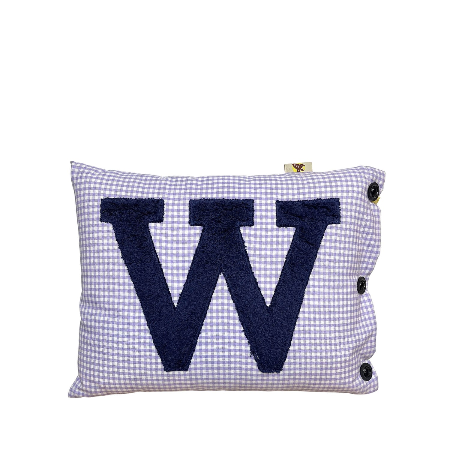 Letter Cushion W, Navy Blue on Lilac Gingham