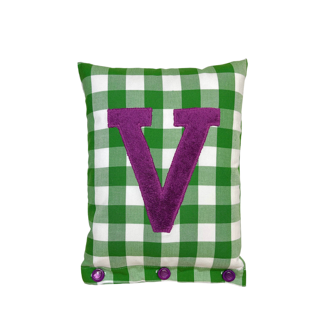 Letter Cushion V, Jacaranda-Purple on Green Gingham