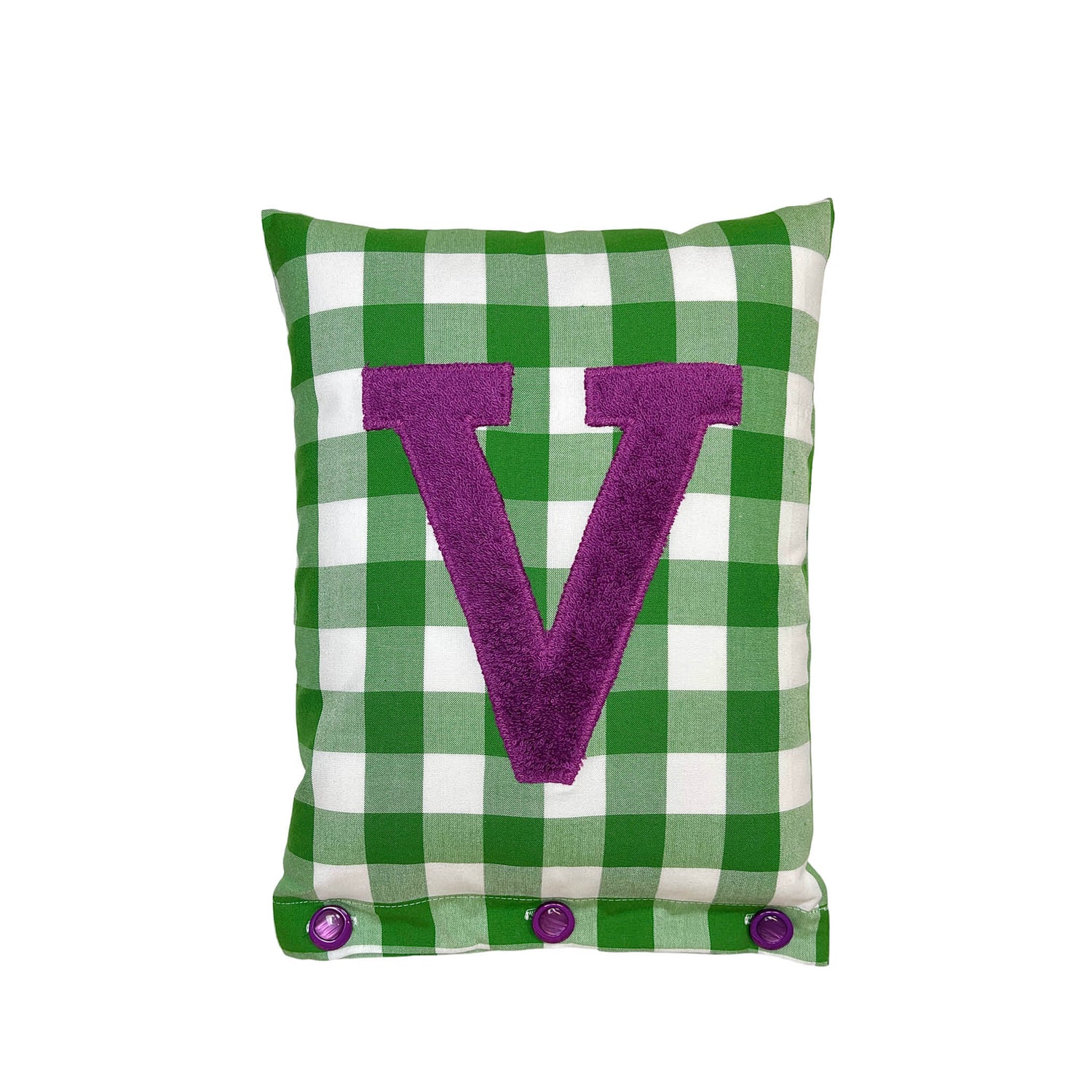 Letter Cushion V, Jacaranda-Purple on Green Gingham