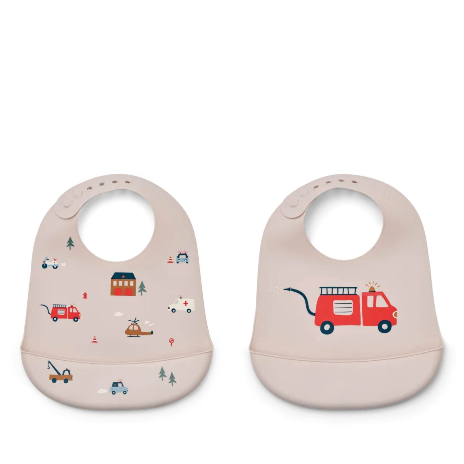 Set of 2, Silicone Bib Tilda in emergency vehicle/sandy