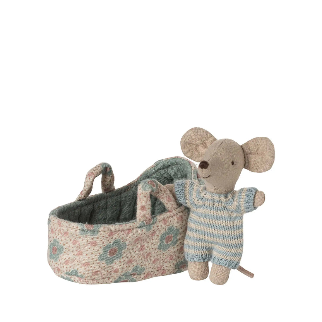 Baby Maus in blauer Tragetasche