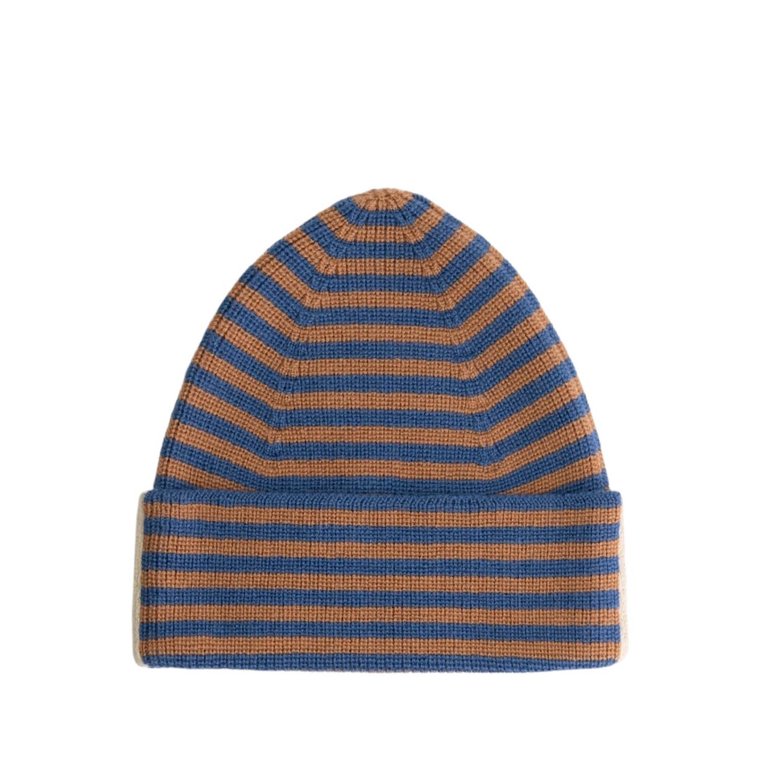 Knitted Beanie in blue grey/peanut