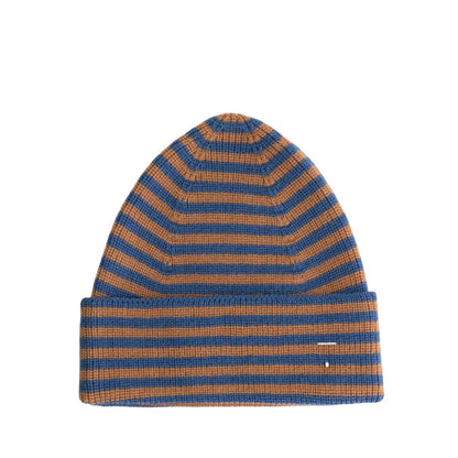 Knitted Beanie in blue grey/peanut