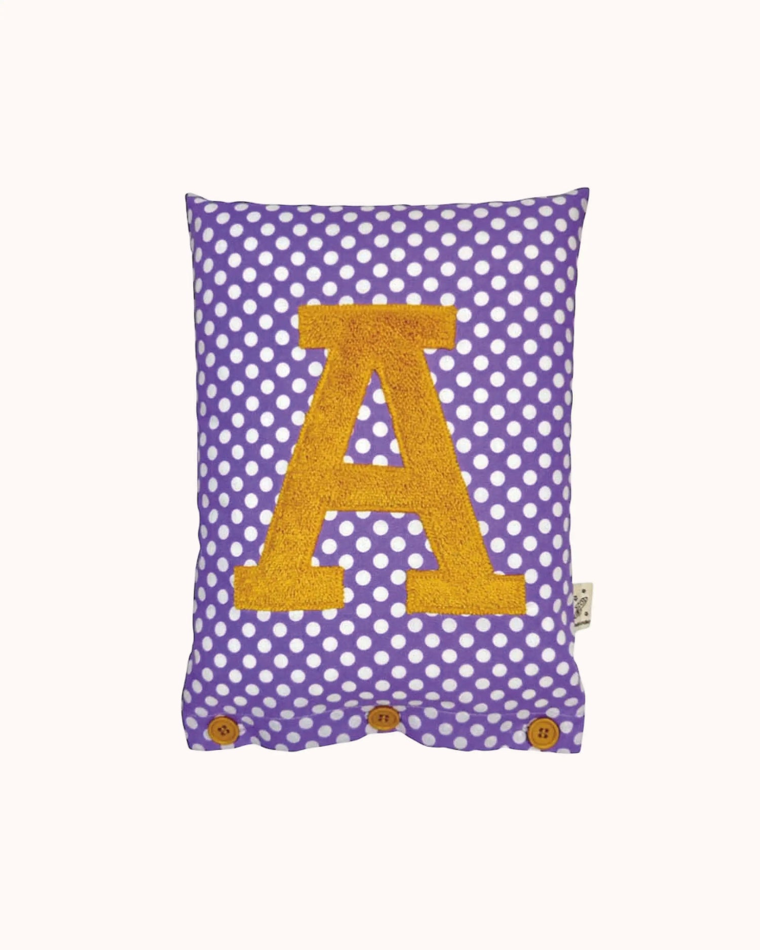 Letter Cushion Turmeric on Purple with white Dots