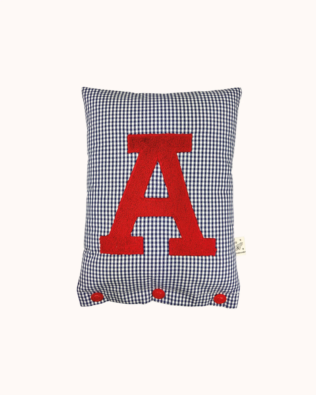 Letter Cushion Red on small navy blue Gingham