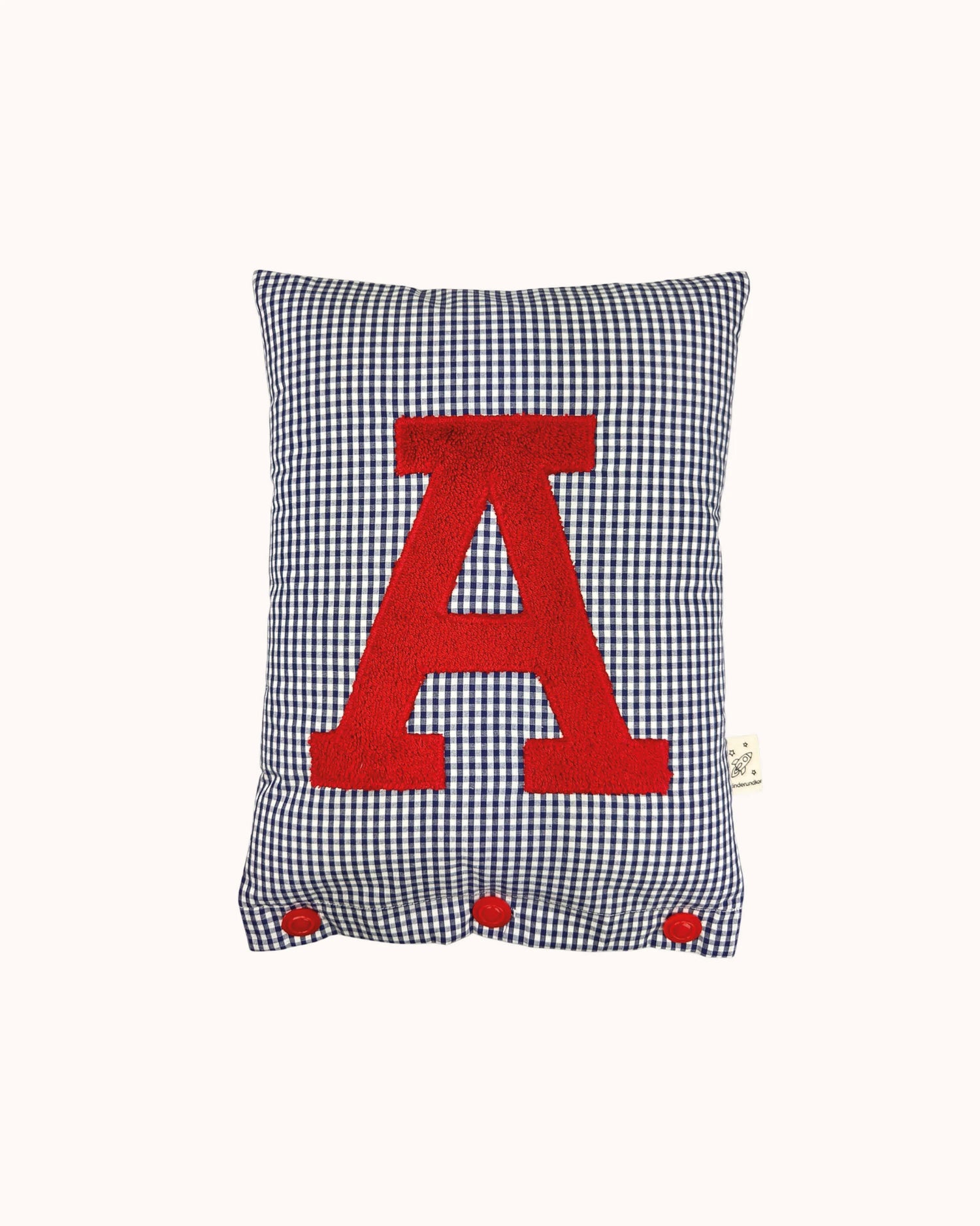 Letter Cushion Red on small navy blue Gingham