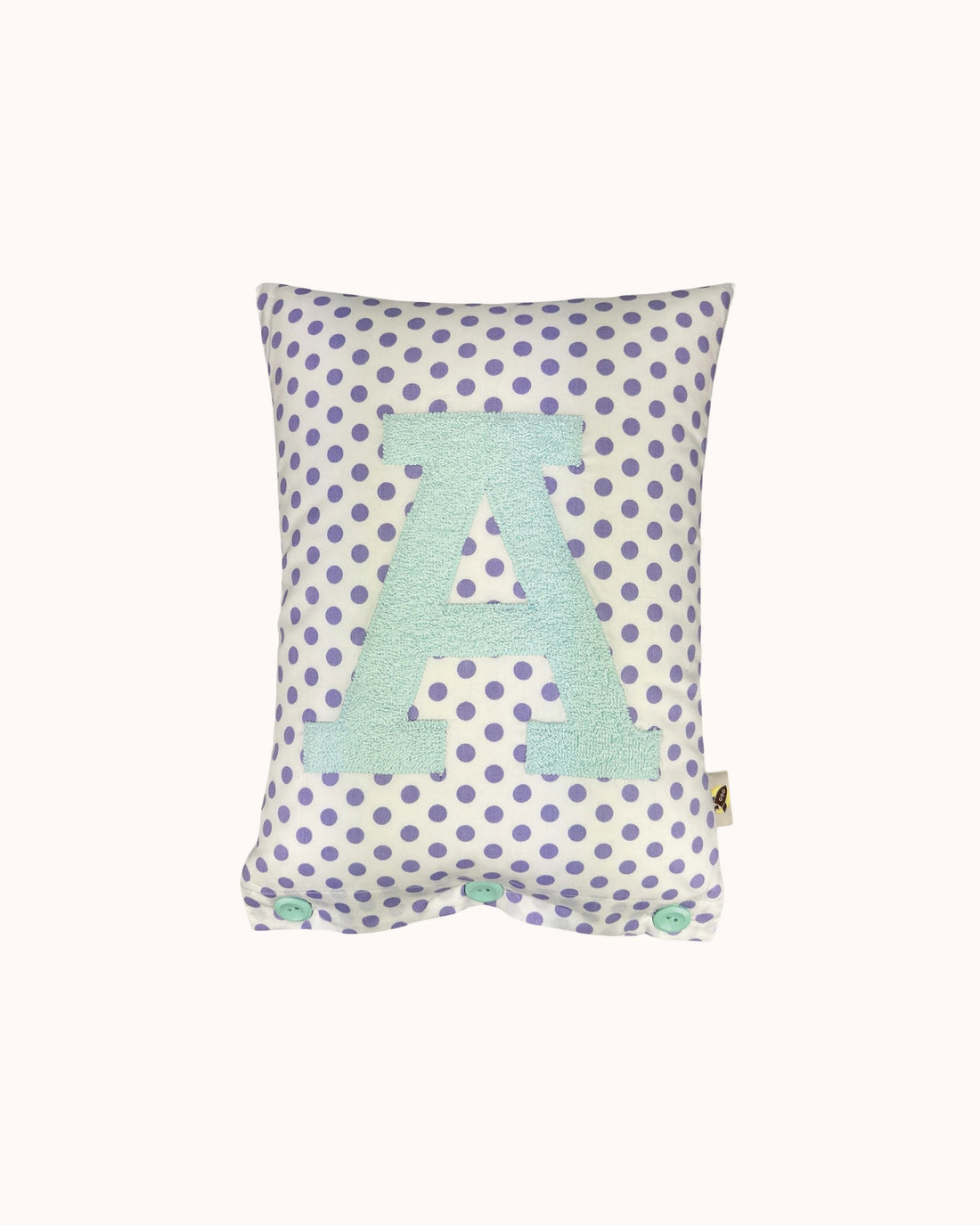 Letter Cushion A – Ocean on White with lilac Dots