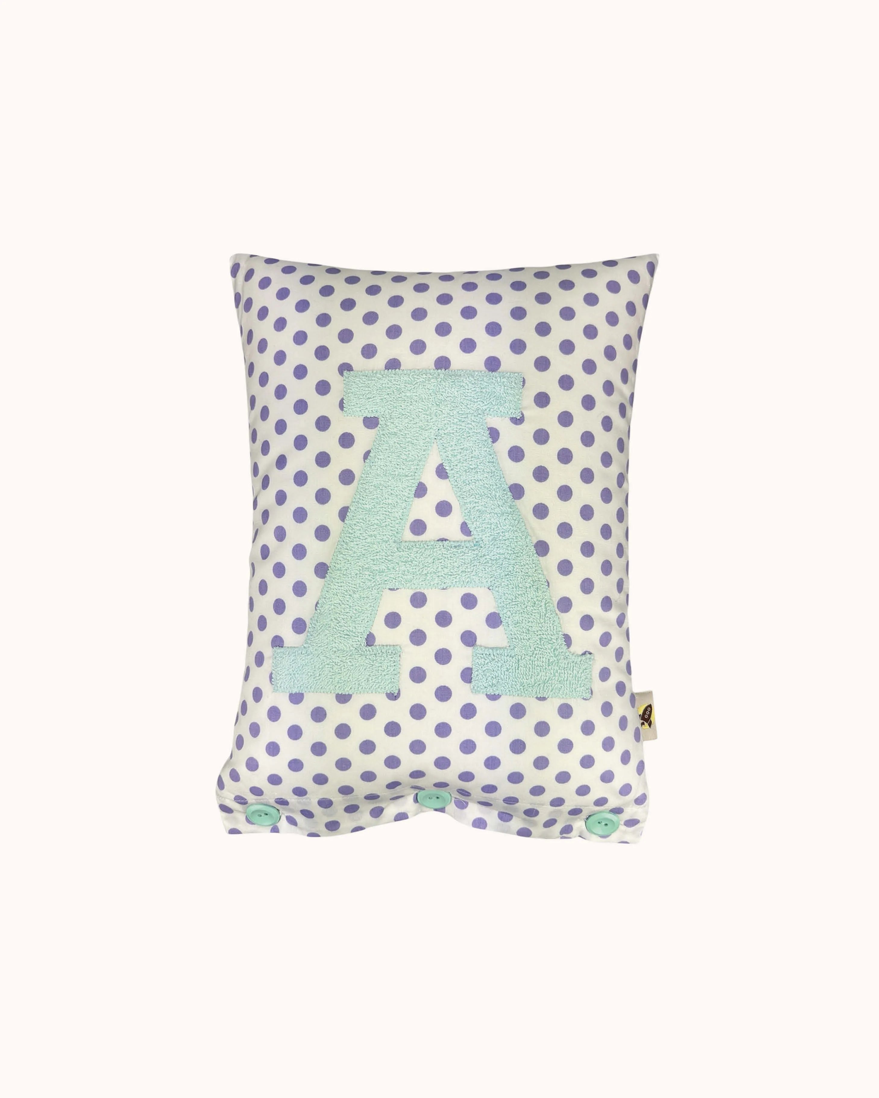 Letter Cushion A – Ocean on White with lilac Dots