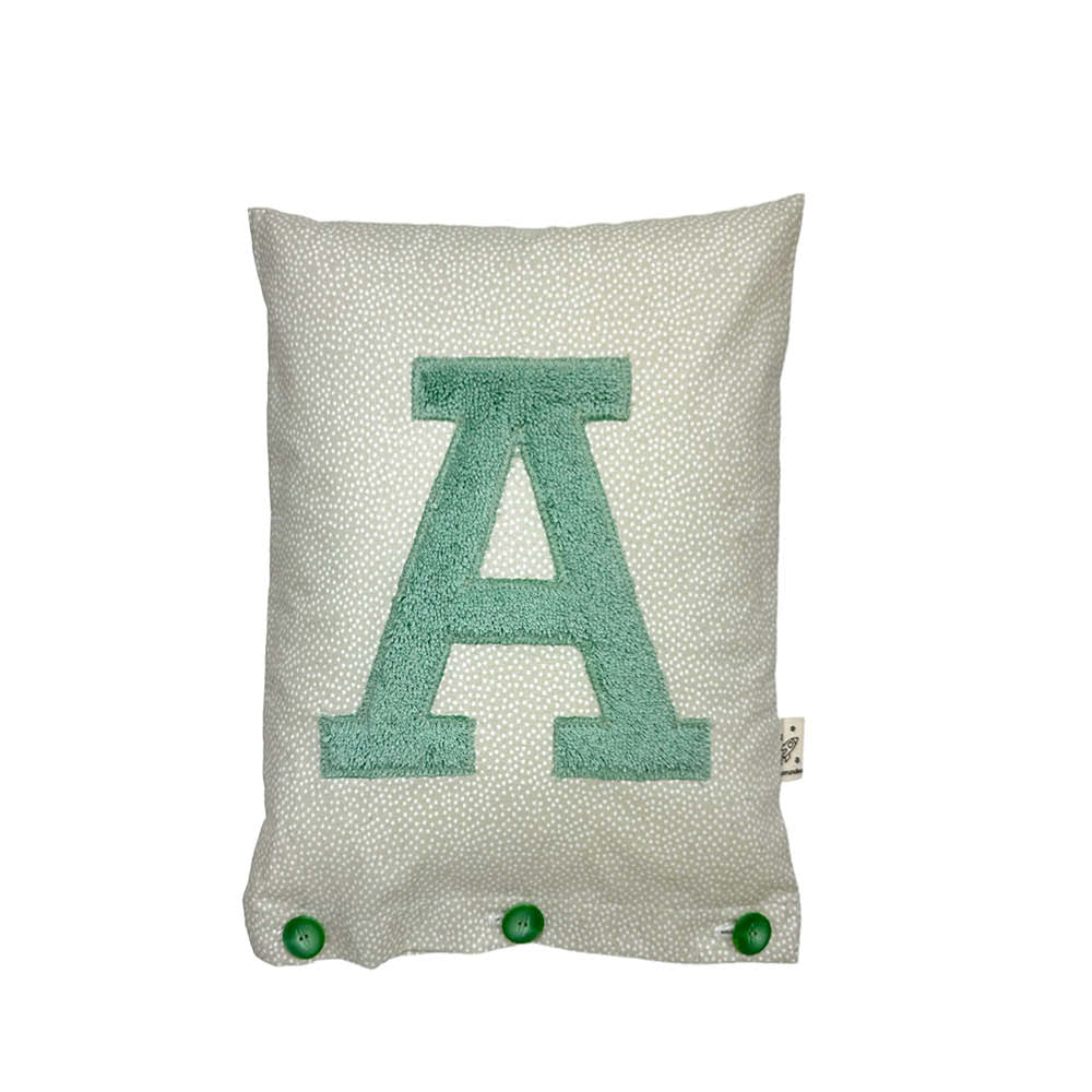 Letter Cushion A, Sage on Grége with white Dotties