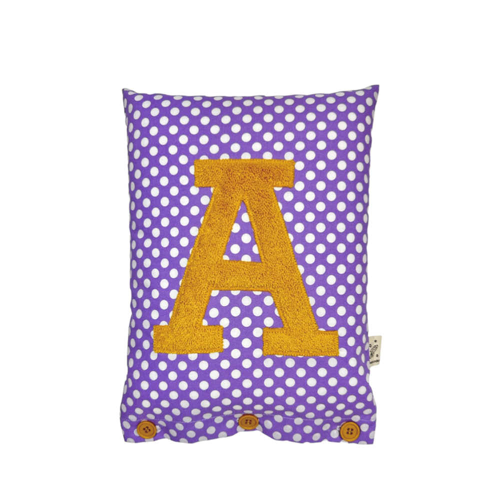 Letter Cushion A, Turmeric on Purple with white Dots