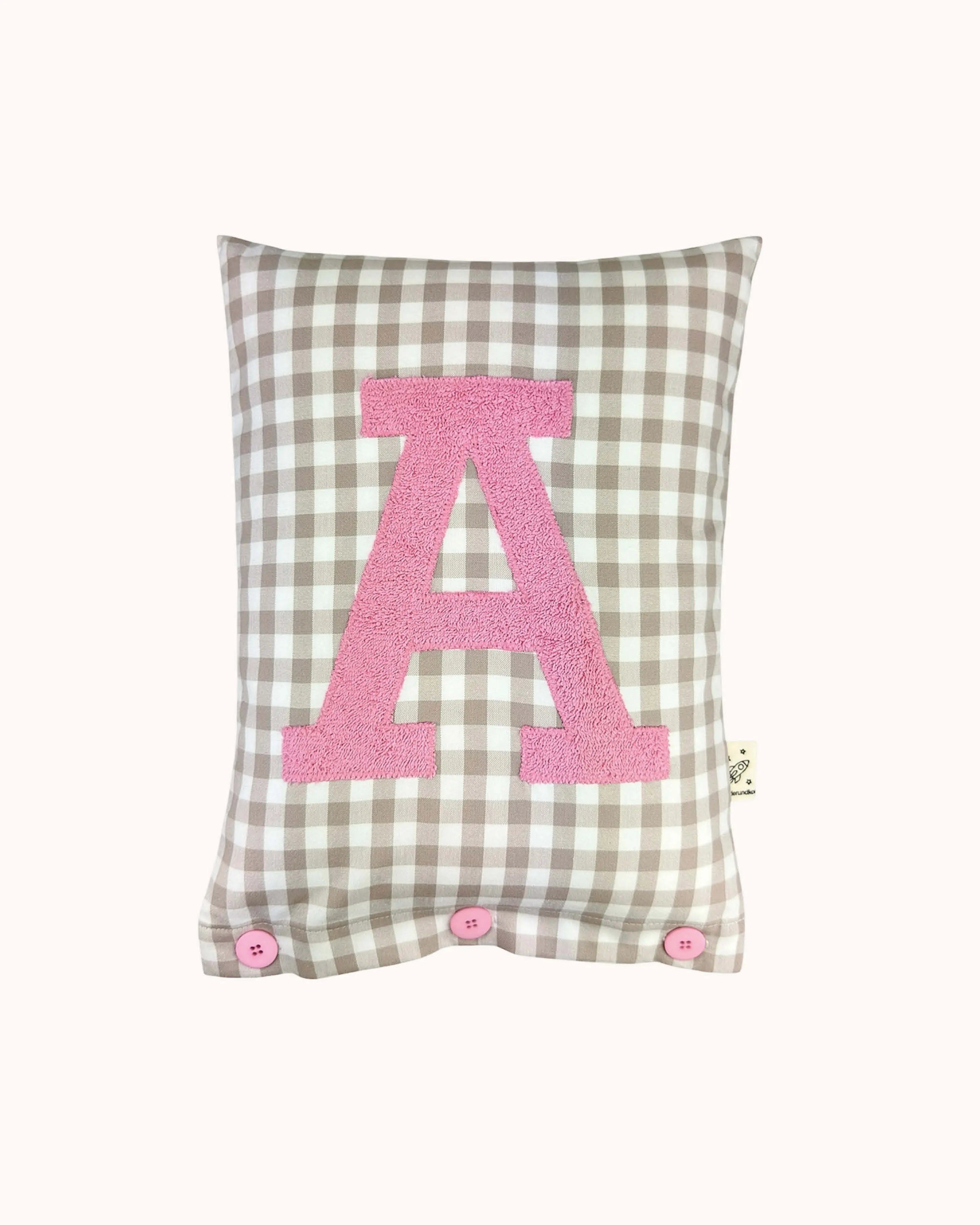 Letter Cushion A – Pink on taupe Gingham