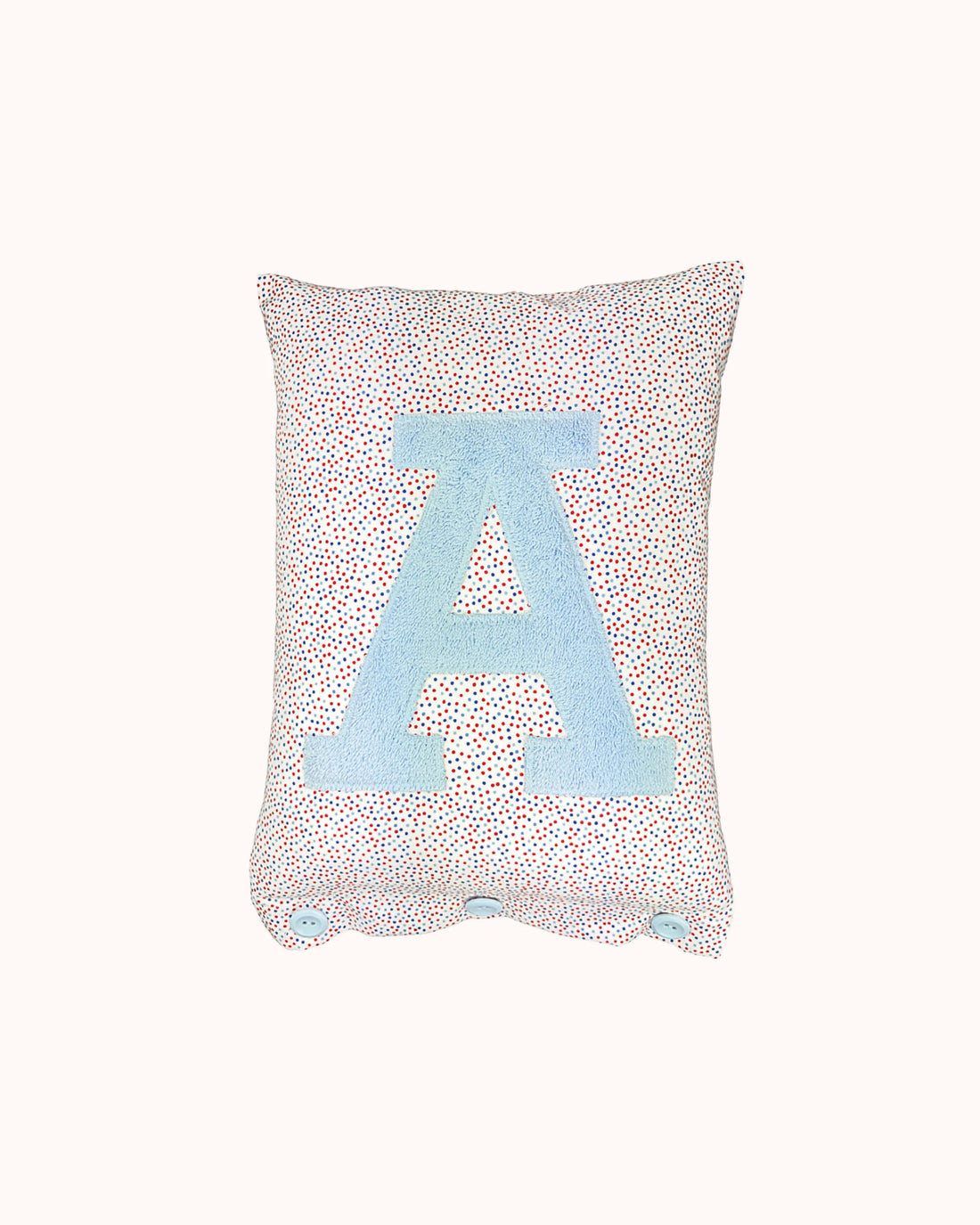 Letter Cushion Light Blue on White with blue/red Dotties