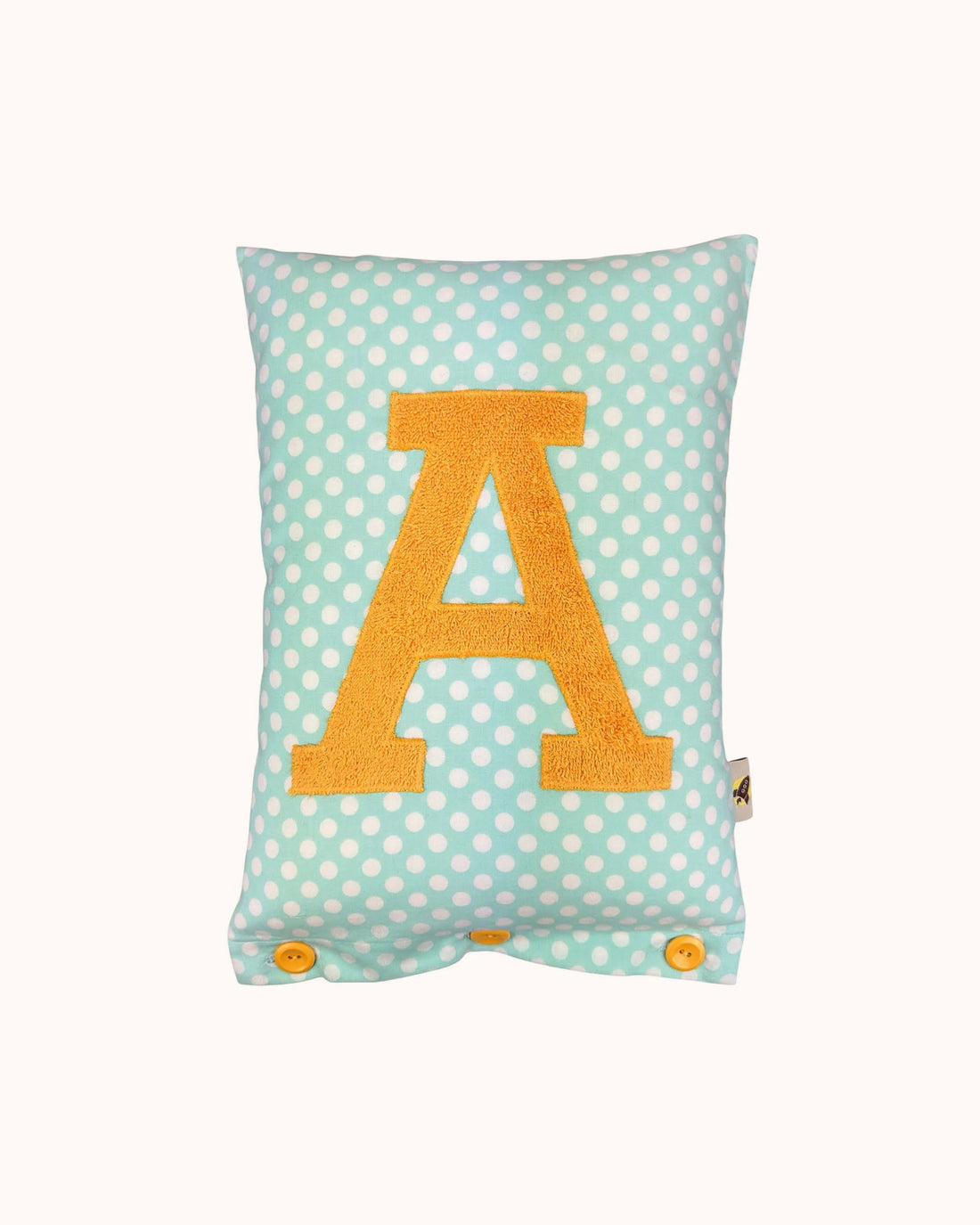 Letter Cushion A – Sunny Yellow on Mint with white Dots