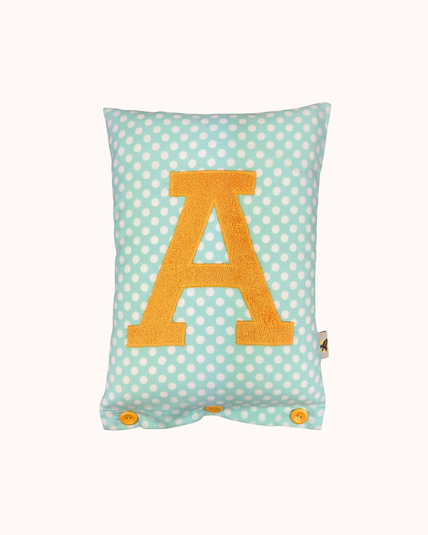 Letter Cushion A – Sunny Yellow on Mint with white Dots