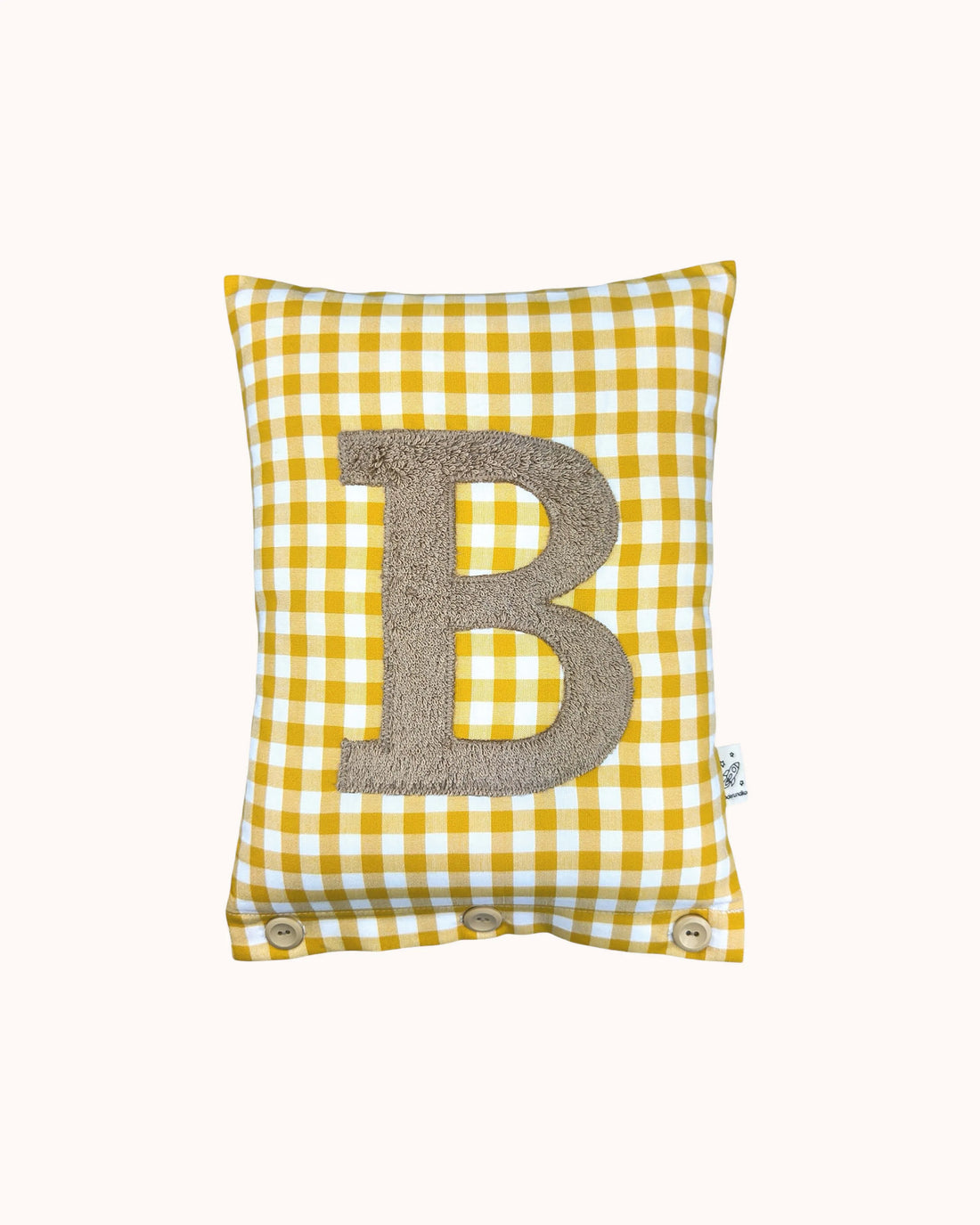 Letter Cushion Dark Beige on yellow Gingham