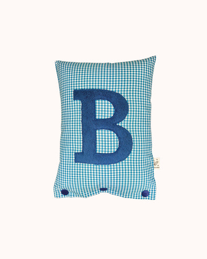 Letter Cushion Prussian Blue on Turquoise Gingham