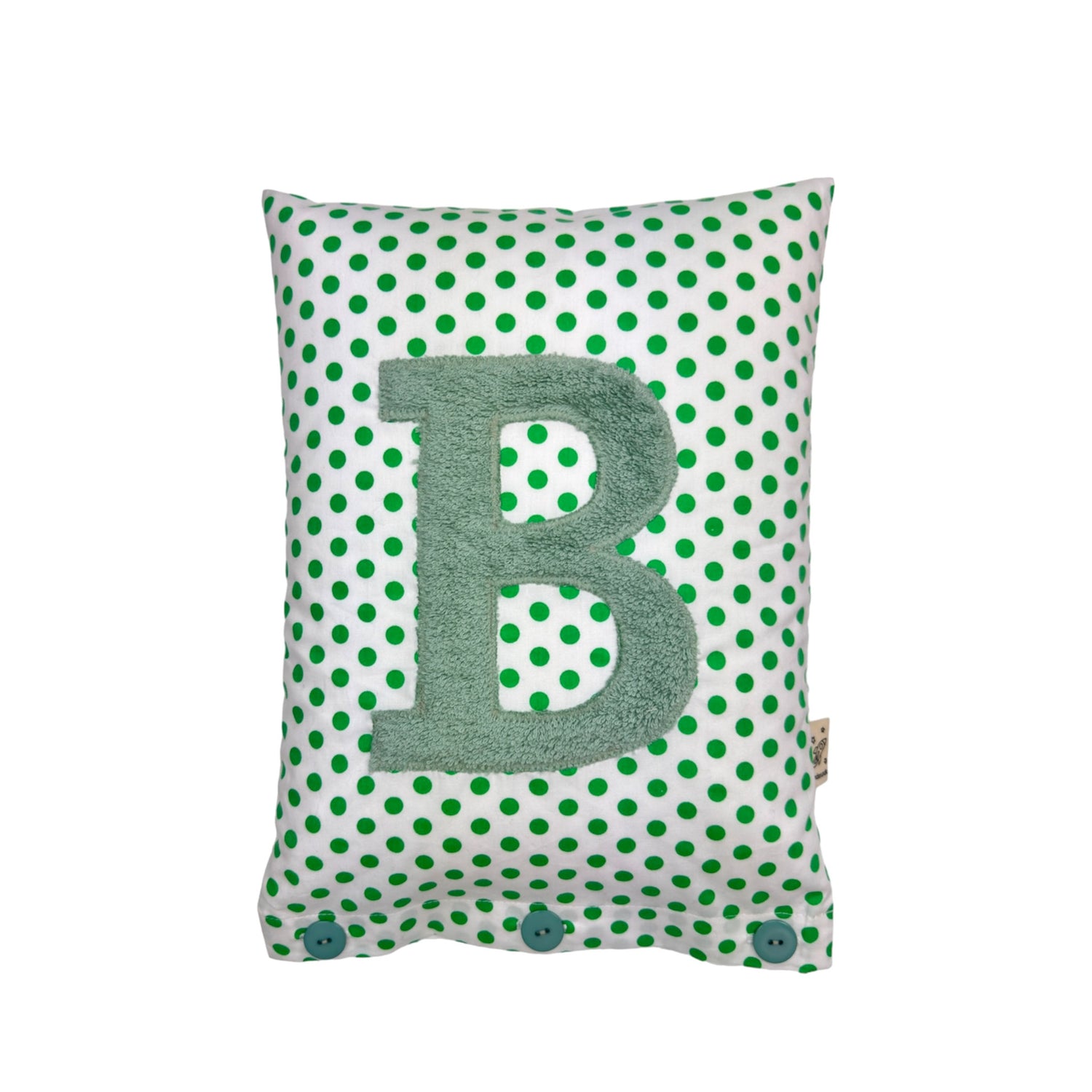 Letter Cushion V, Sage on White with green Dots