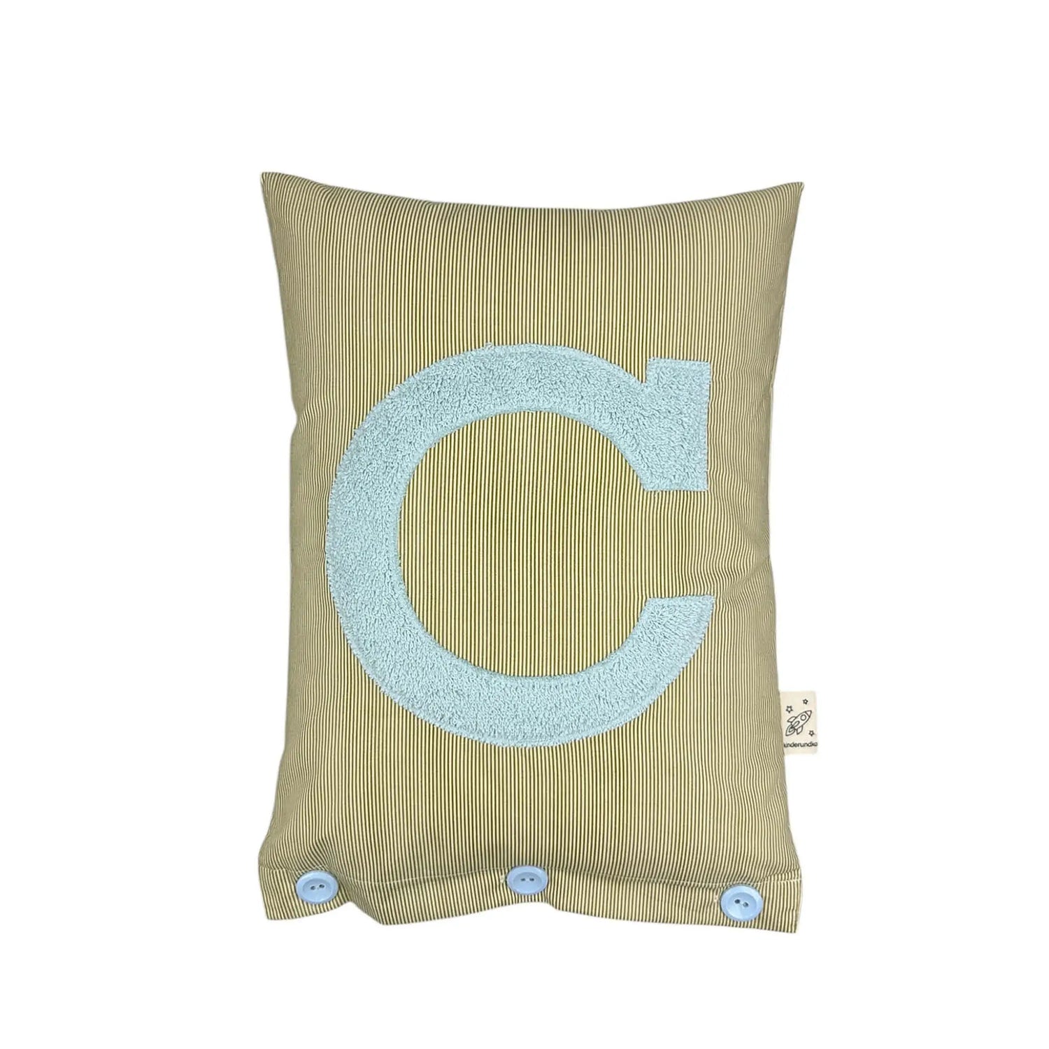 Letter Cushion C – Light Blue on small olive/white Stripes