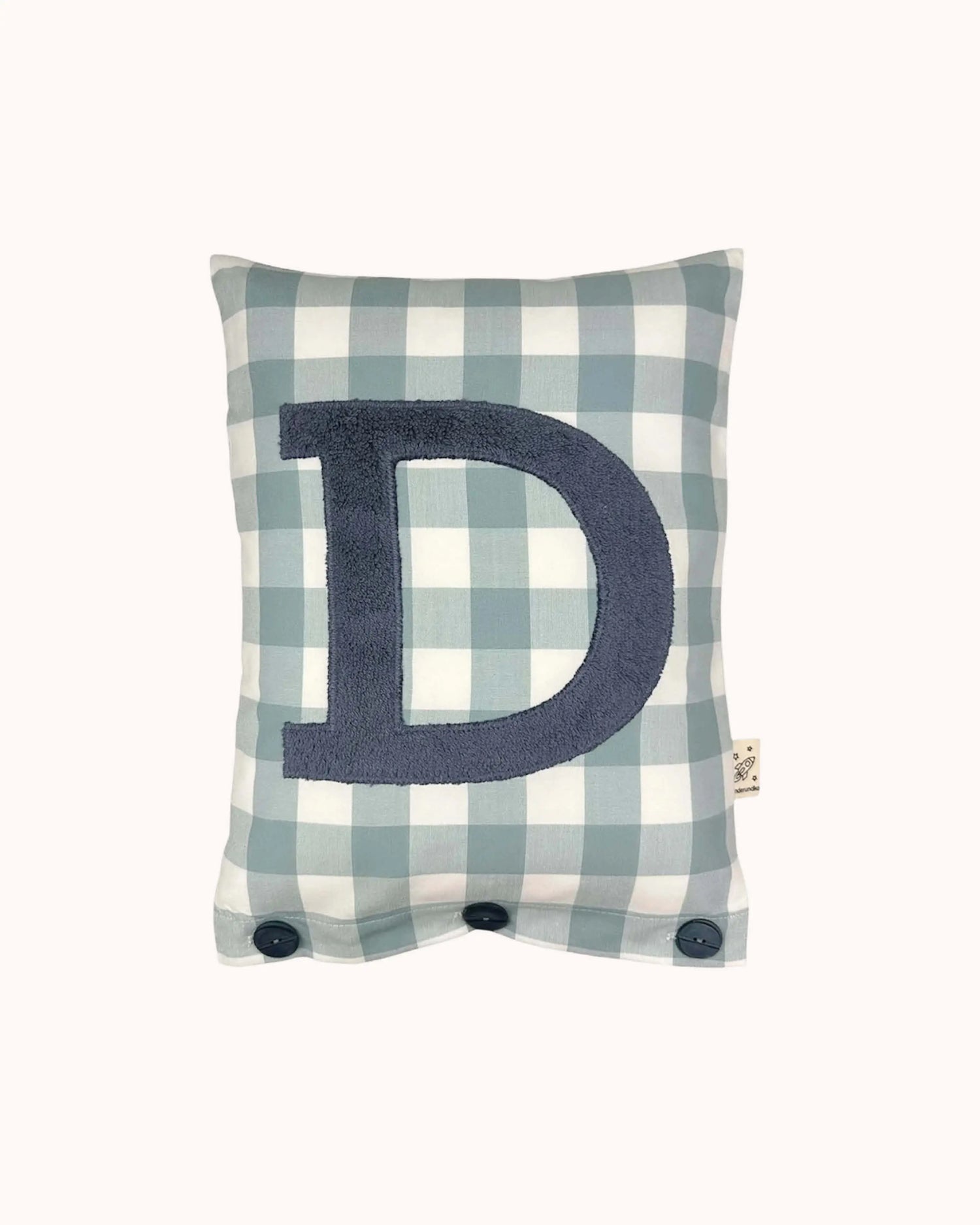 Buchstabenkissen Blaugrau auf taubenblau Vichykaro