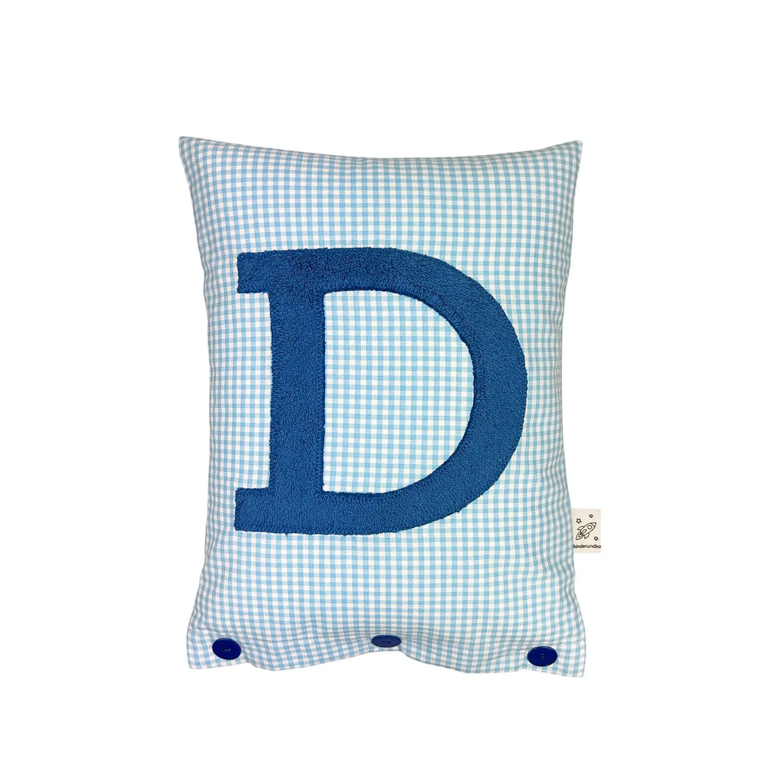 Letter Cushion D – prussian Blue on turquoise Gingham