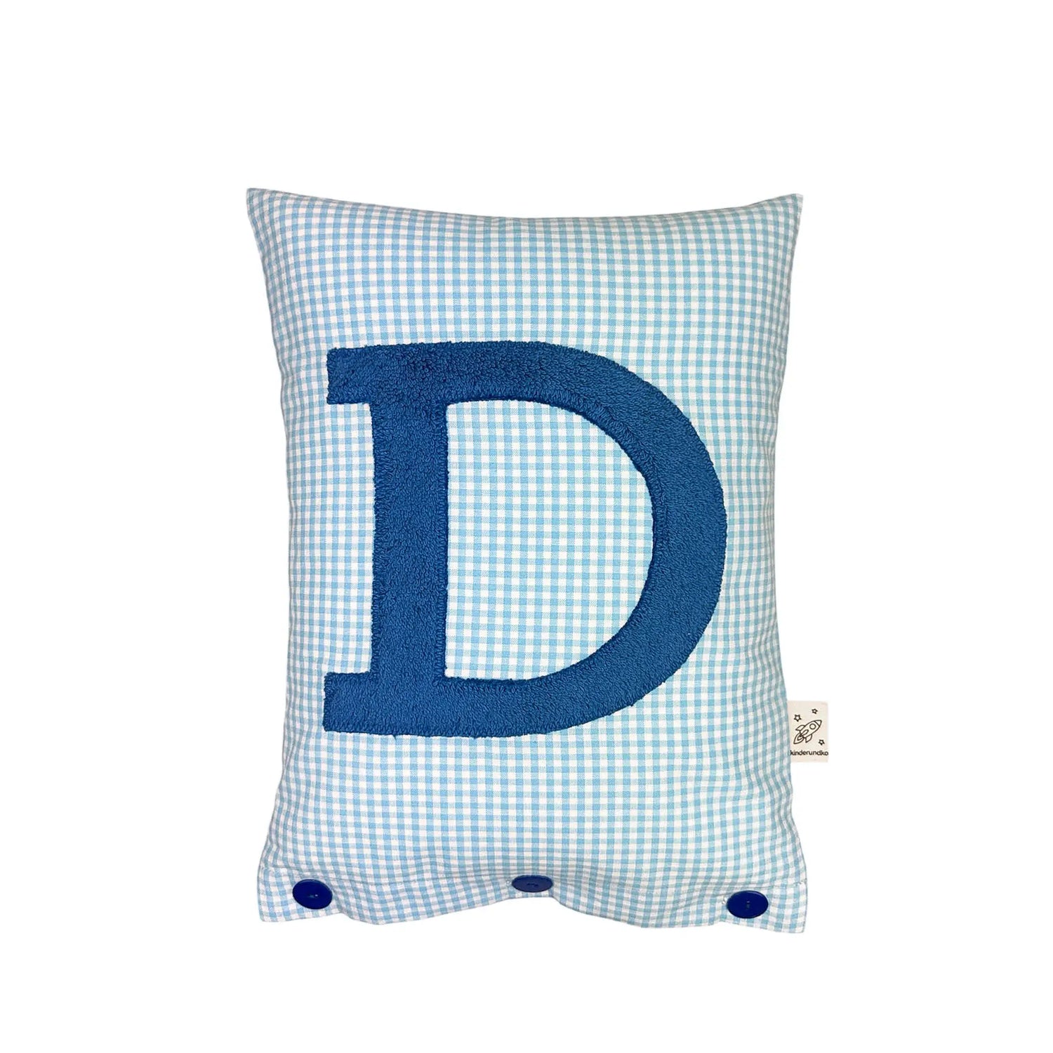 Letter Cushion D – prussian Blue on turquoise Gingham