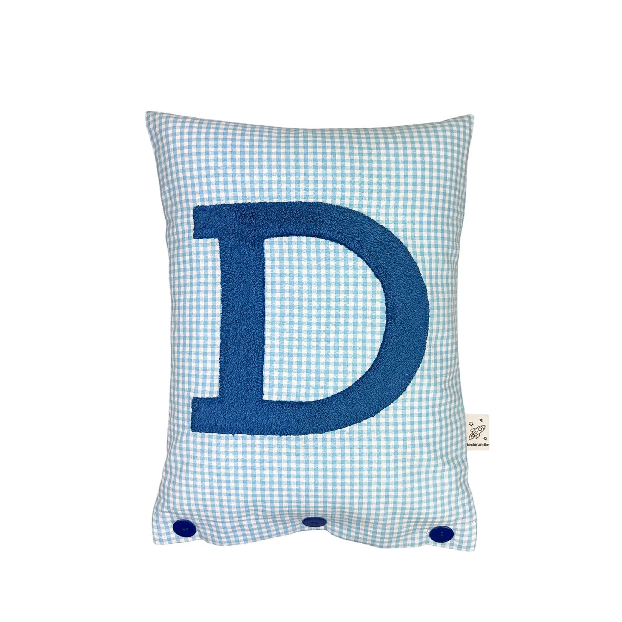 Letter Cushion D – prussian Blue on turquoise Gingham
