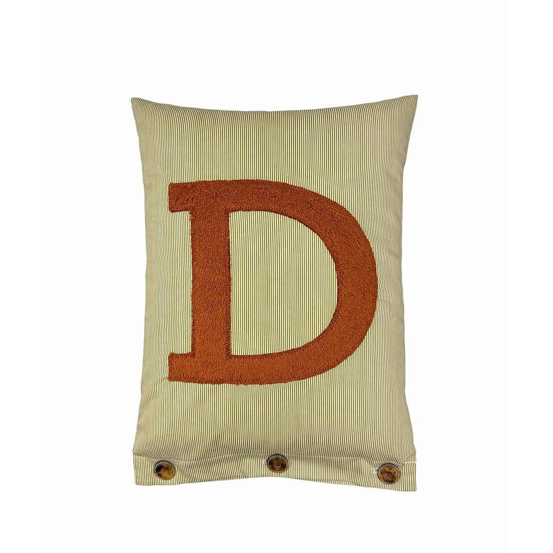 Letter Cushion Brown on small olive/white Stripes