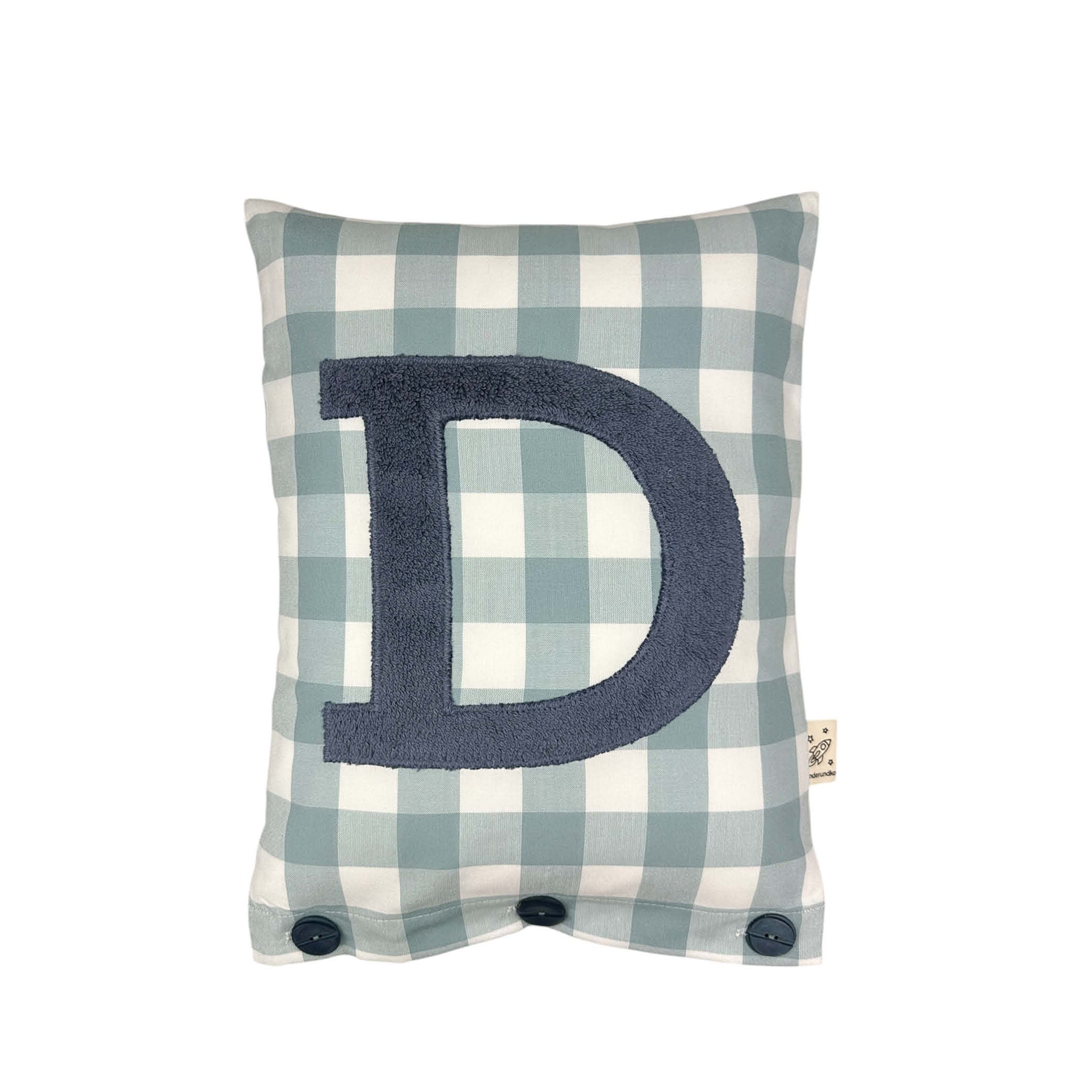 Letter Cushion Blue Grey on dove blue Gingham