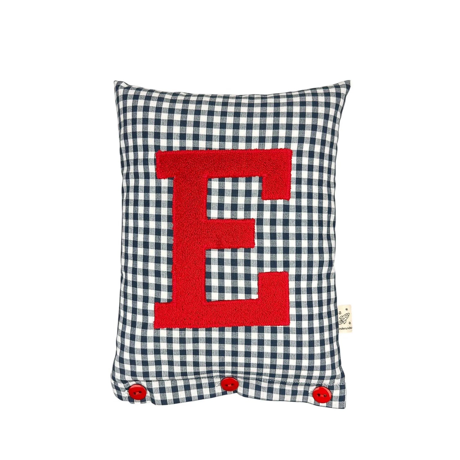 Letter Cushion E – Red on Navy blue Gingham
