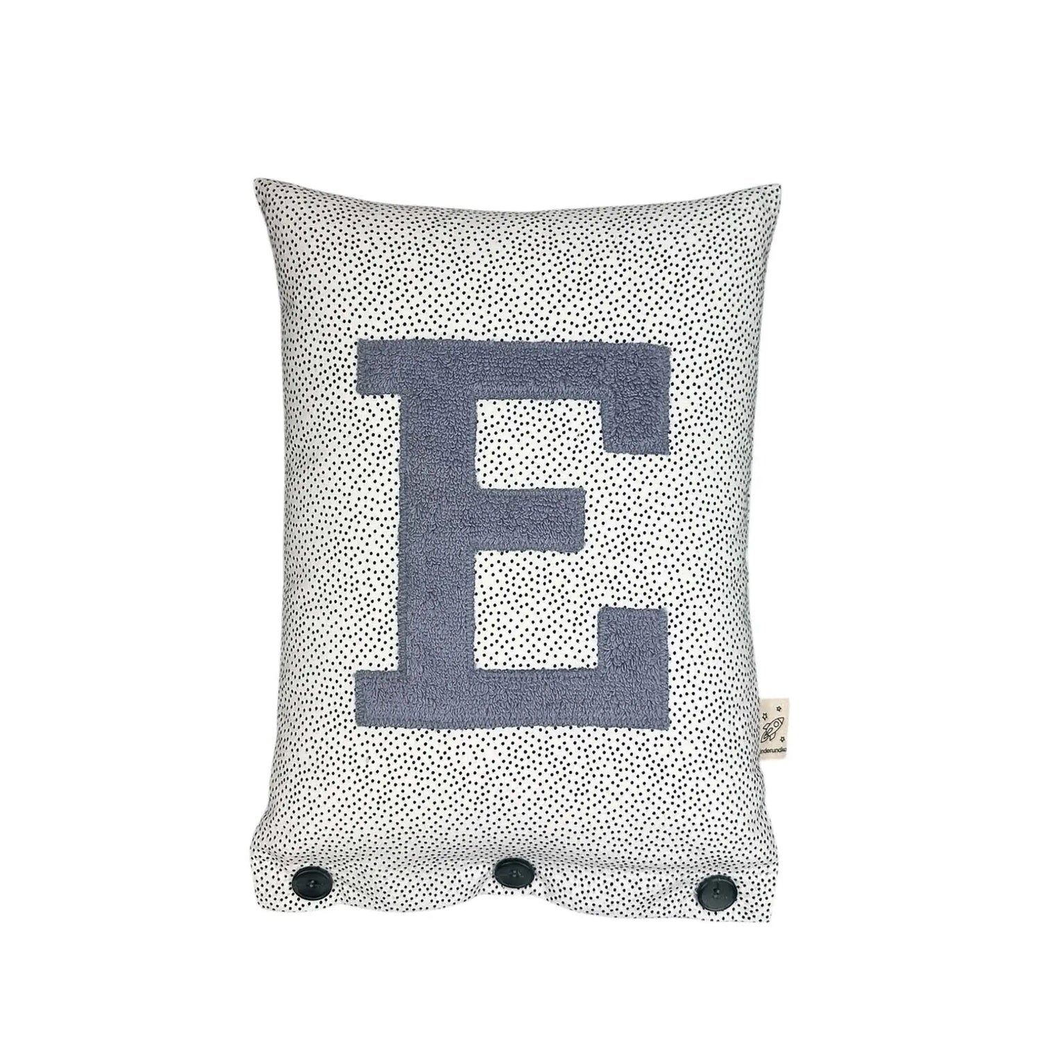 Letter Cushion E – Dove blue on White with black Dotties