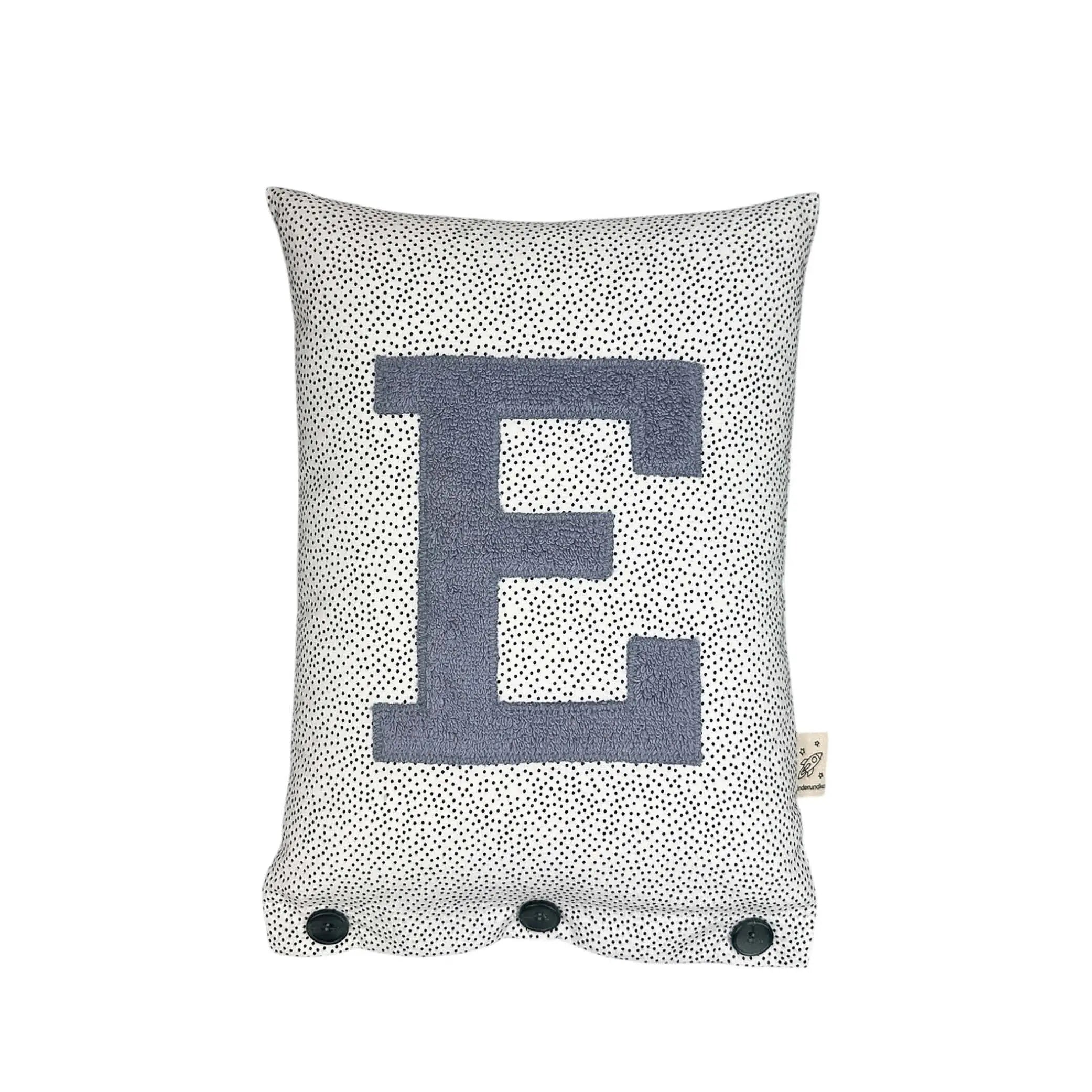 Letter Cushion E – Dove blue on White with black Dotties