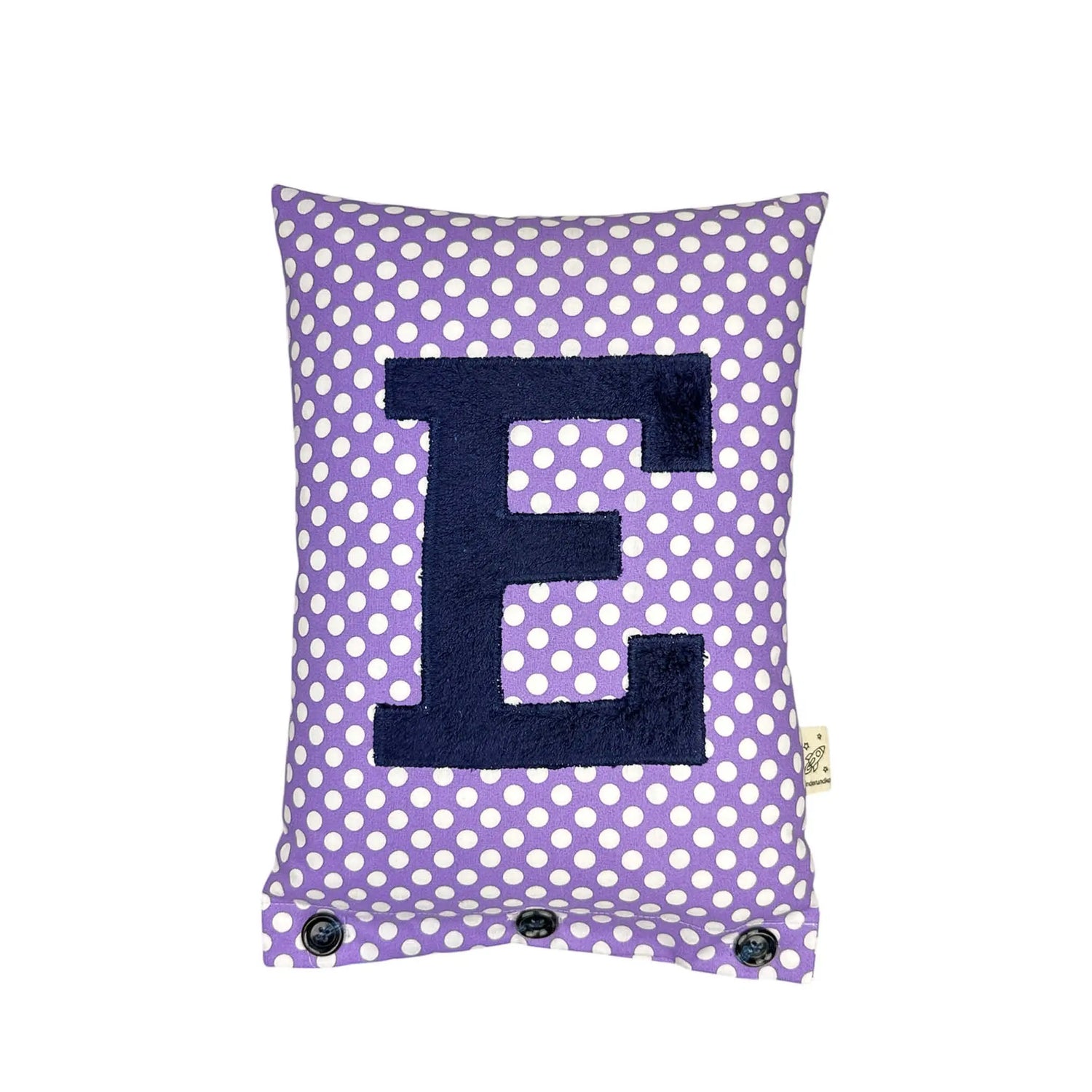 Letter Cushion E – Navy Blue on Purple with white Dots